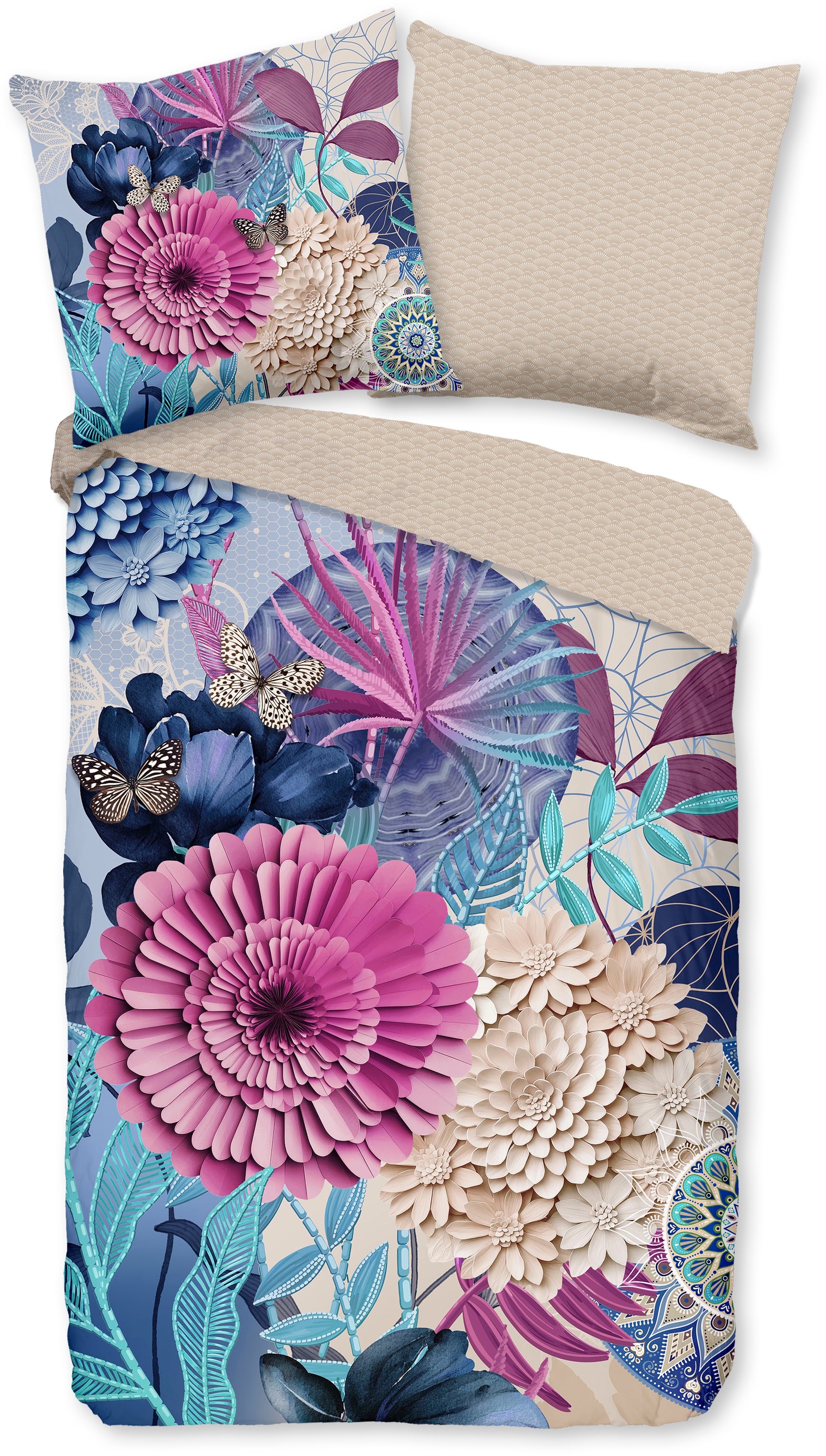 hip Wendebettwäsche »Nishell« 2 Satin, Reißverschluss, Wendeoptik, Mandala, Blume, Sand