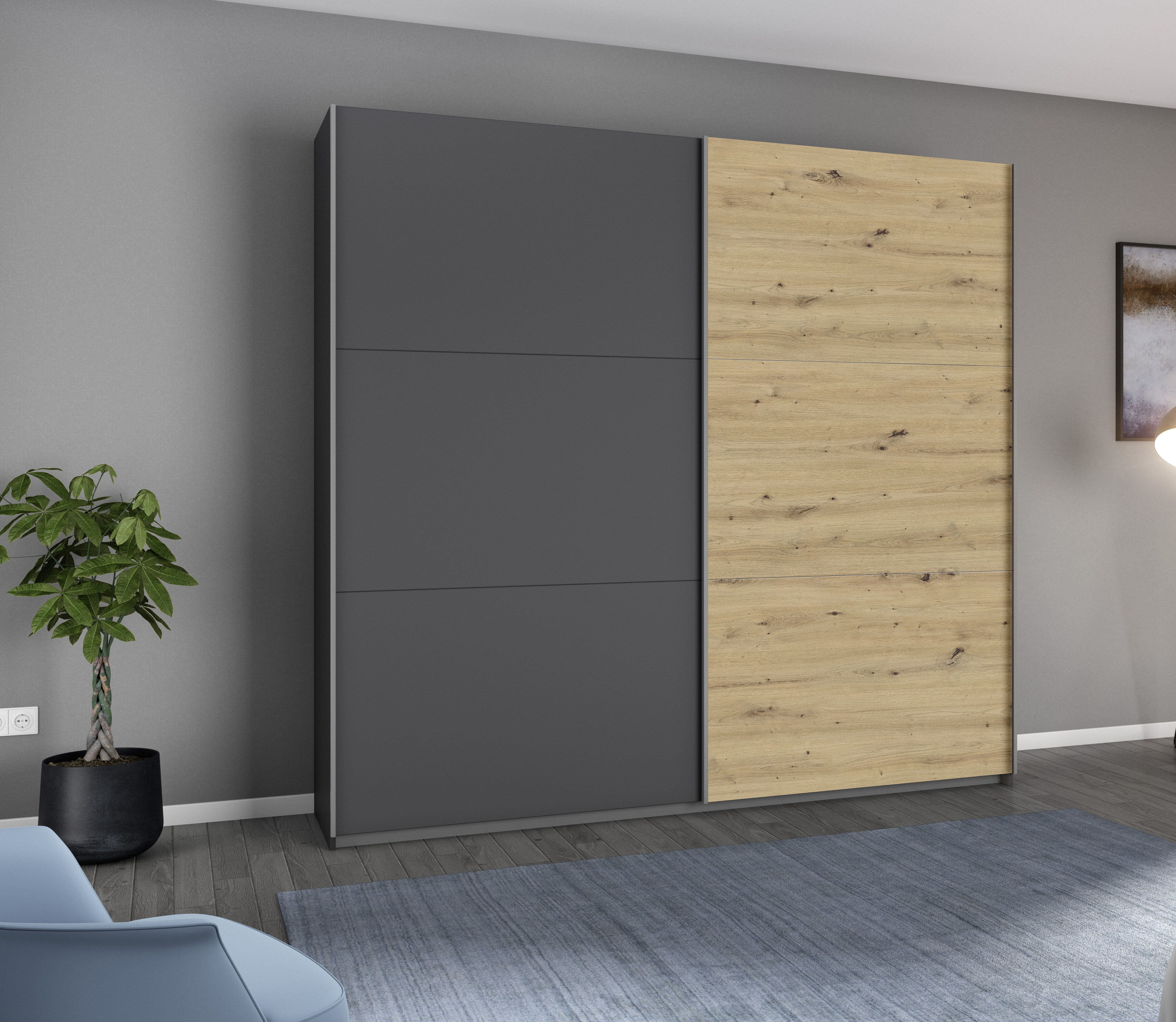 rauch Schwebetürenschrank "AURELIO Kleiderschrank Garderobe" 3 Ausstattungen BASIC/CLASSIC/PREMIUM (inkl. SOFT-CLOSE-FUNKTION), 3 verschiedene Ausstattungsvarianten Griffe aus Metall MADE IN GERMANY
