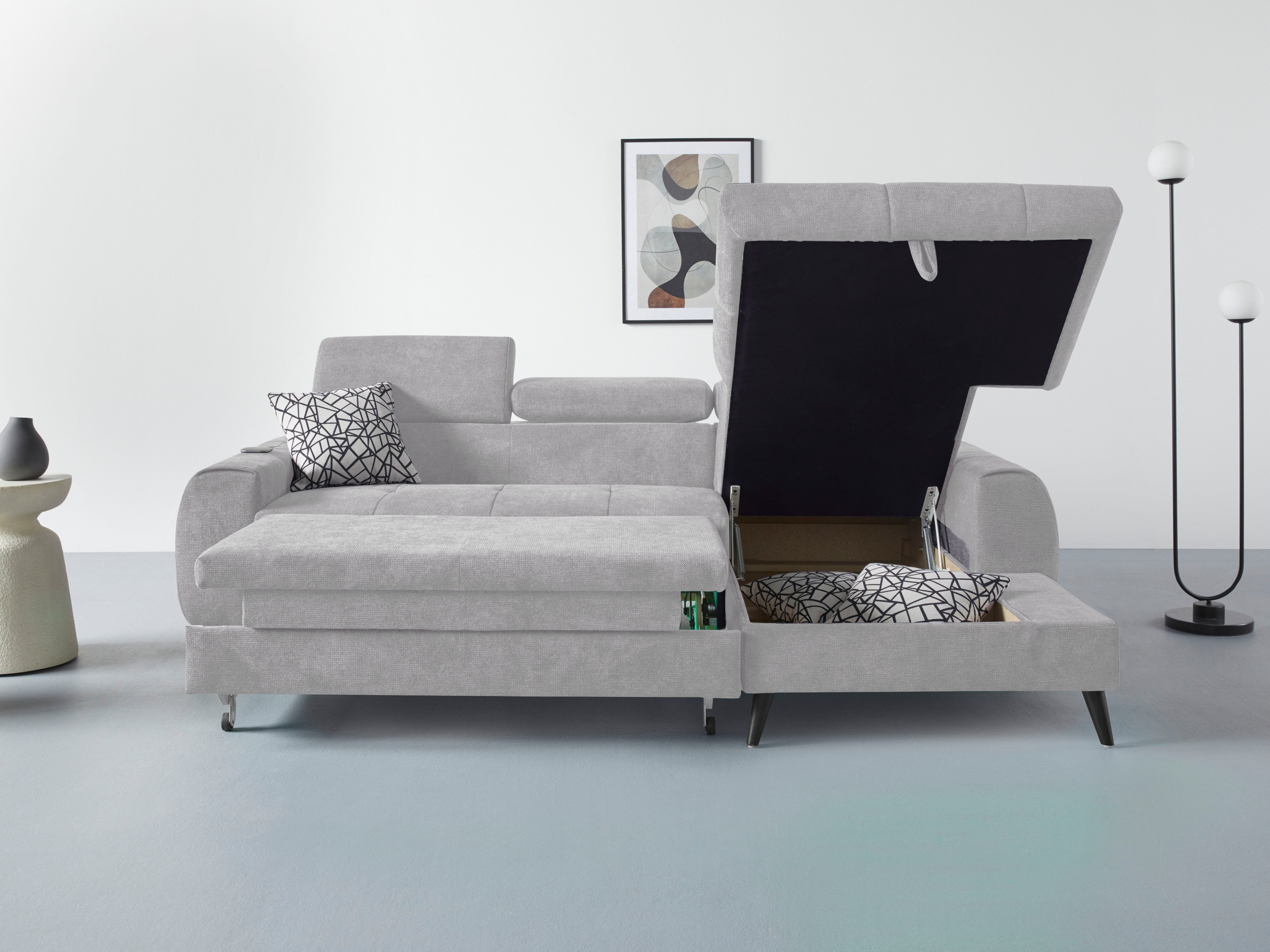 COTTA Ecksofa »Mia L-Form mit 3 Zierkissen«, wahlweise mit Bettfunktion, Bettkasten, Beleuchtung & Wireless-Charger