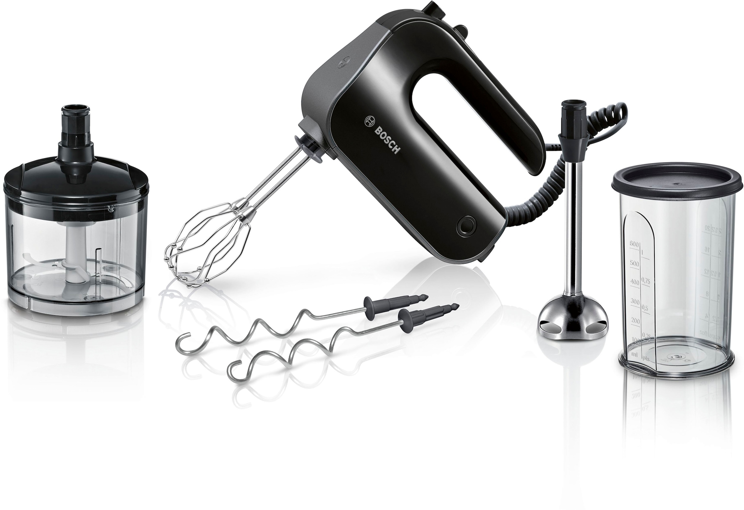 BOSCH Handmixer "Home Professional MFQ4980B, Edelstahl Besen/Knethaken, Mixfuß, schwarz", 850 W, Spiralkabel, 5 Stufen, 