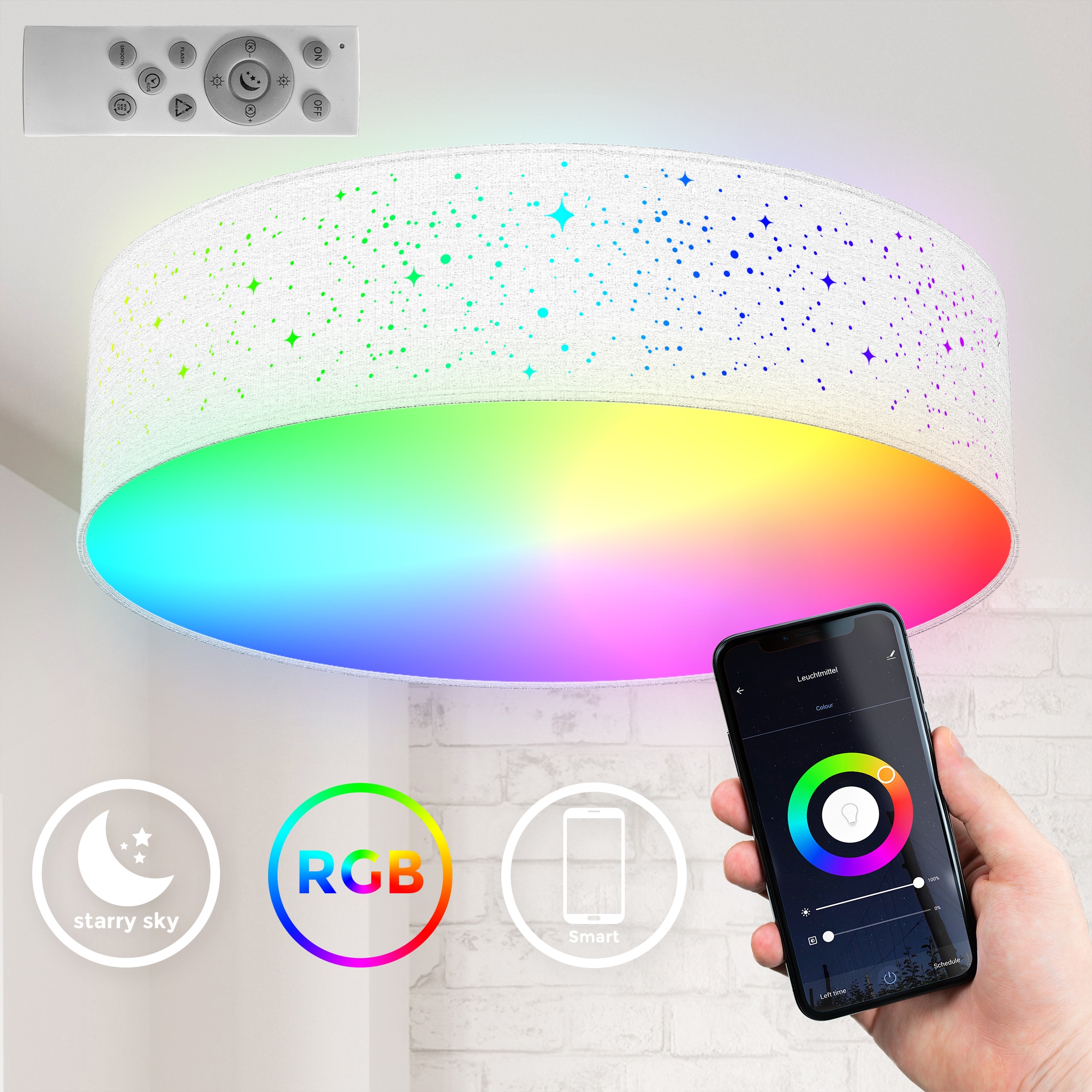 B.K.Licht LED Deckenleuchte »WiFi RGB-CCT Deckenlampe, APP-Steuerung, iOS+Andorid«, 1 flammig, Leuchtmittel LED-Modul | LED fest integriert, inkl. Fernbedienung, Farbwechsel und Lichteffekte, Ø39cm