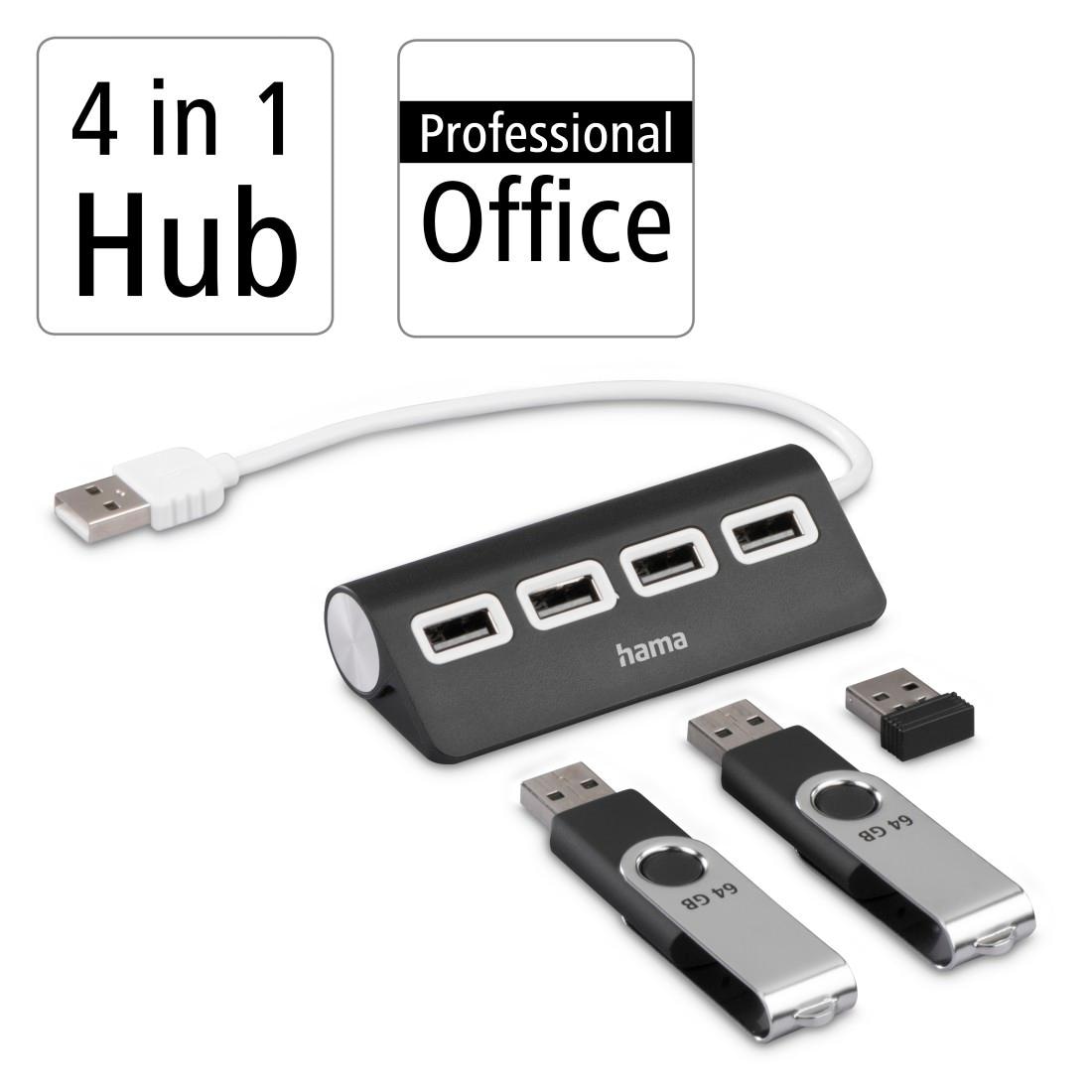 Hama USB-Adapter »USB-Hub mit 4 USB-A Ports, USB-A Stecker, 480 Mbit/s, 15 cm Kabellänge«, 15 cm, Verbinden von PC, Notebook, Tablet mit USB-Stick, Tastatur, Drucker