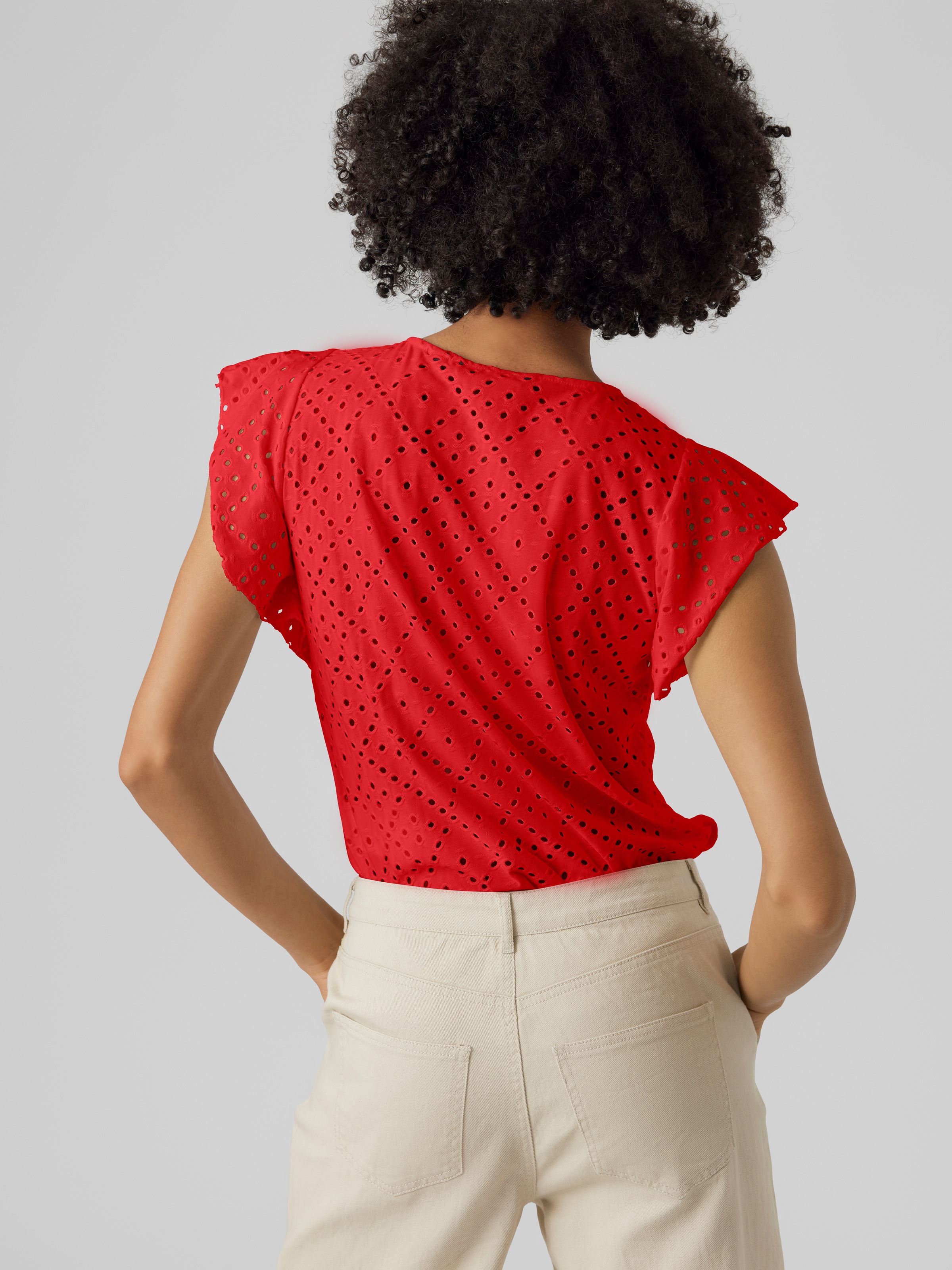 Thumbnail - Vero Moda Rundhalsshirt "VMTASSA SL FRILL TOP NOOS" Materialmix, loose fit