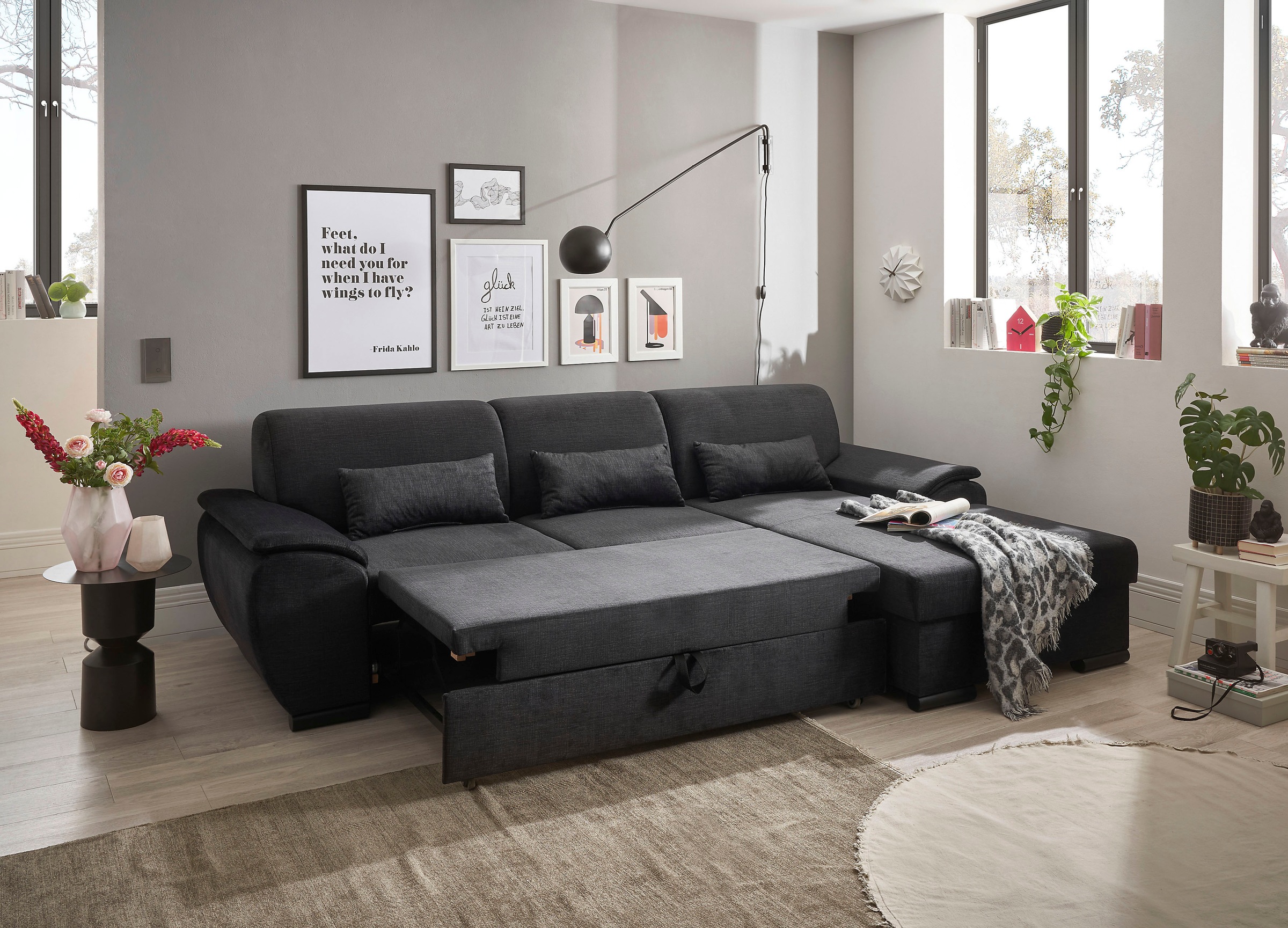 ED EXCITING DESIGN Ecksofa »Tampa L-Form«, mit Bettfunktion, Bettkasten & 3 Nierenkissen
