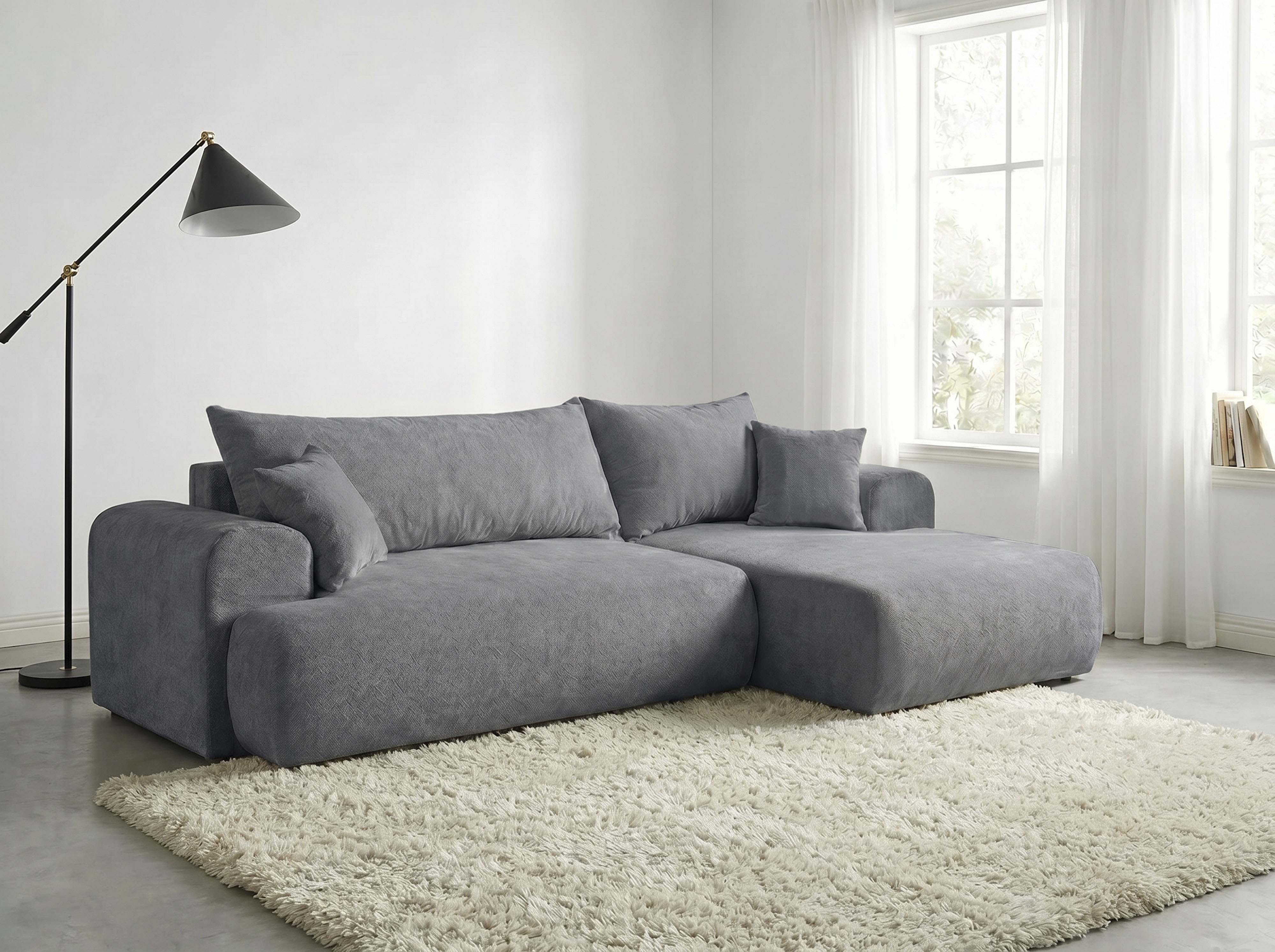 WERK2 Ecksofa "Ewela 265 x 145 cm modern und bequem" Bouclé, L-Form, Schlaffunktion, Bettkasten