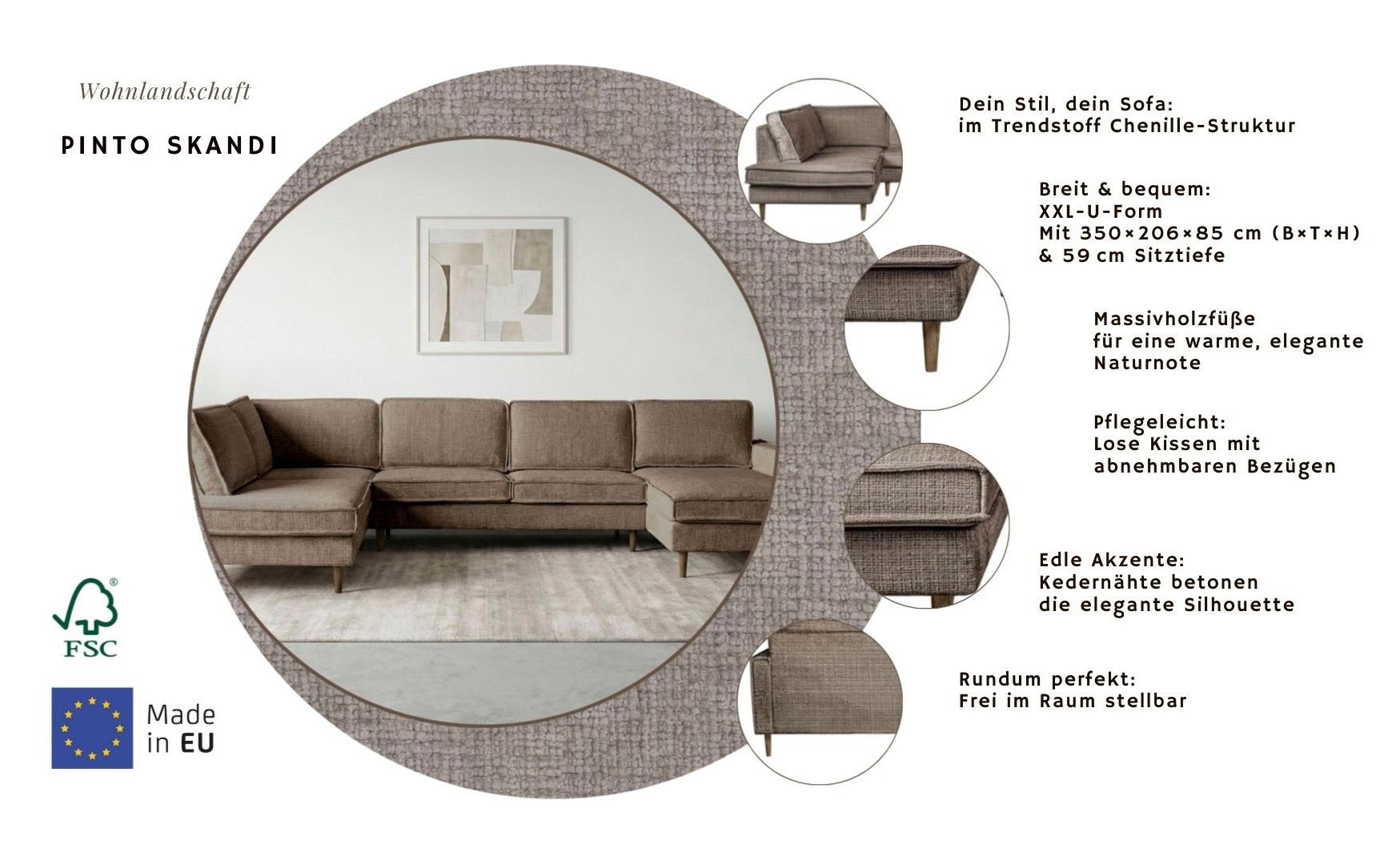 Thumbnail - Home affaire Wohnlandschaft "Pinto Skandi, 350 cm, U-Form, XXL, mit Ottomanen" mit Keder, Massivholzfüße Eiche geräucher...