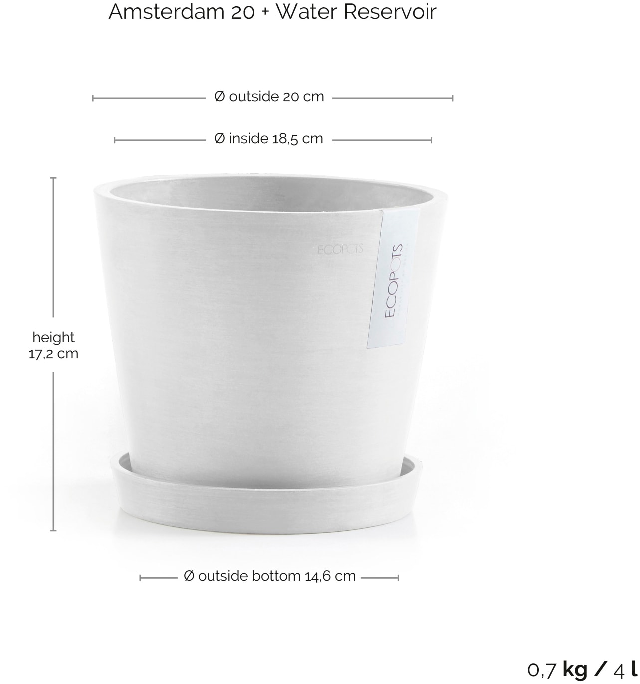ECOPOTS Blumentopf »Amsterdam 20 + Wassersystem Weißgrau«, für innen und außen: frostsicher, bruchsicher und lichtbeständig