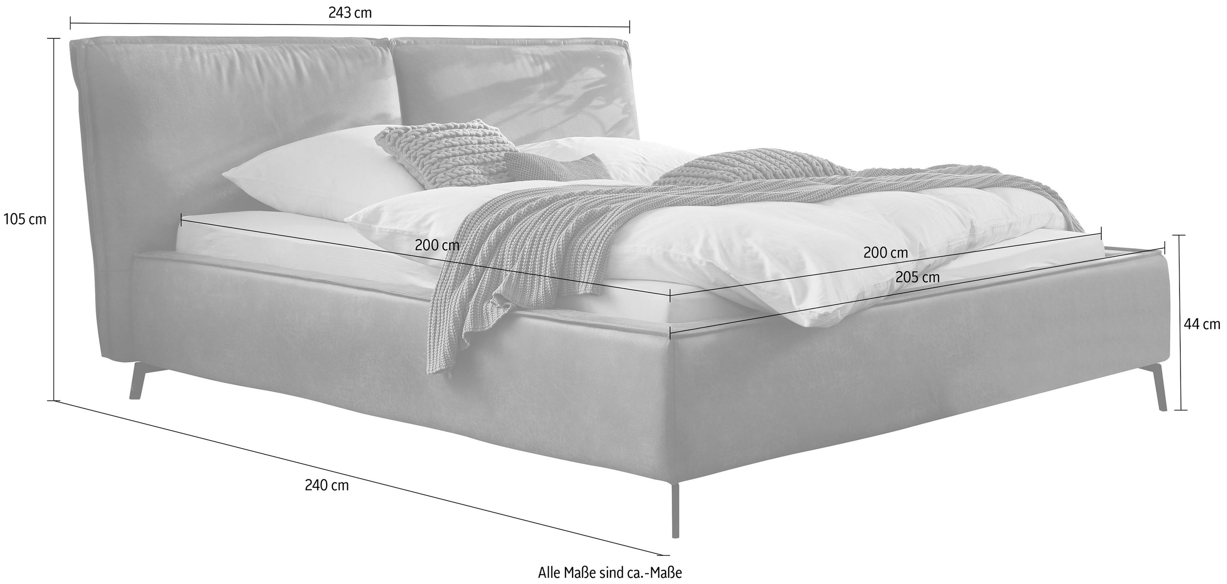 3C Candy Polsterbett »Tramonto 3 Breiten, auch in Leder«, mit Biese, Kopfteil, belastbar bis 260 kg, auch in Überlänge 220 cm