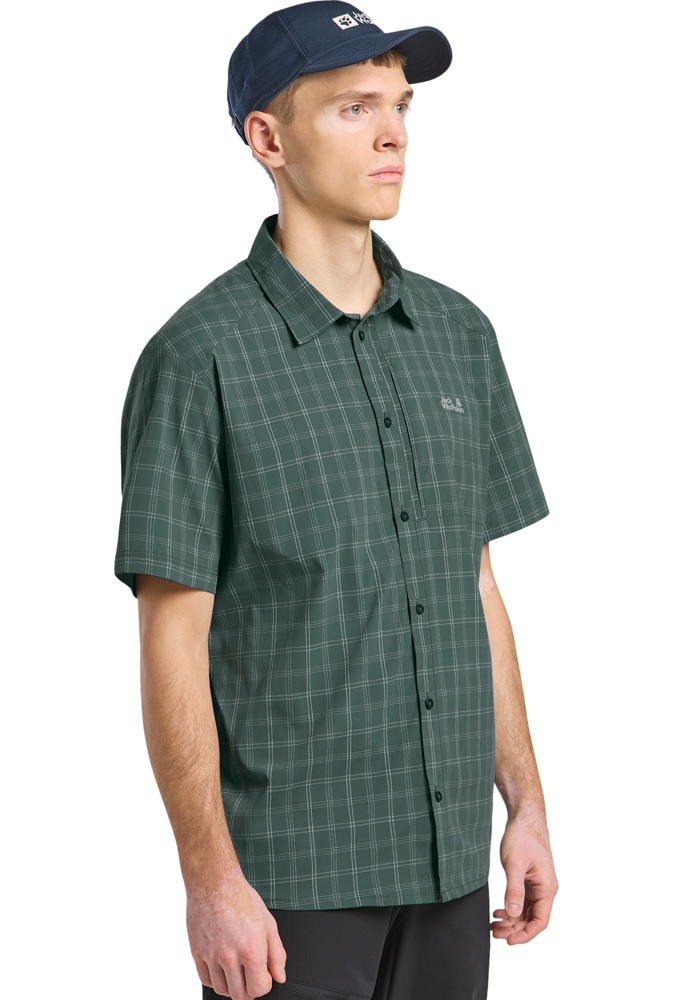 Funktionshemd JACK WOLFSKIN "NORBO S/S SHIRT M", Herren, Gr. XXXL (60), Normalgrößen, check, sagopalm, Obermaterial: 95% Polyamid, 5% sonstige Fasern, Hemden