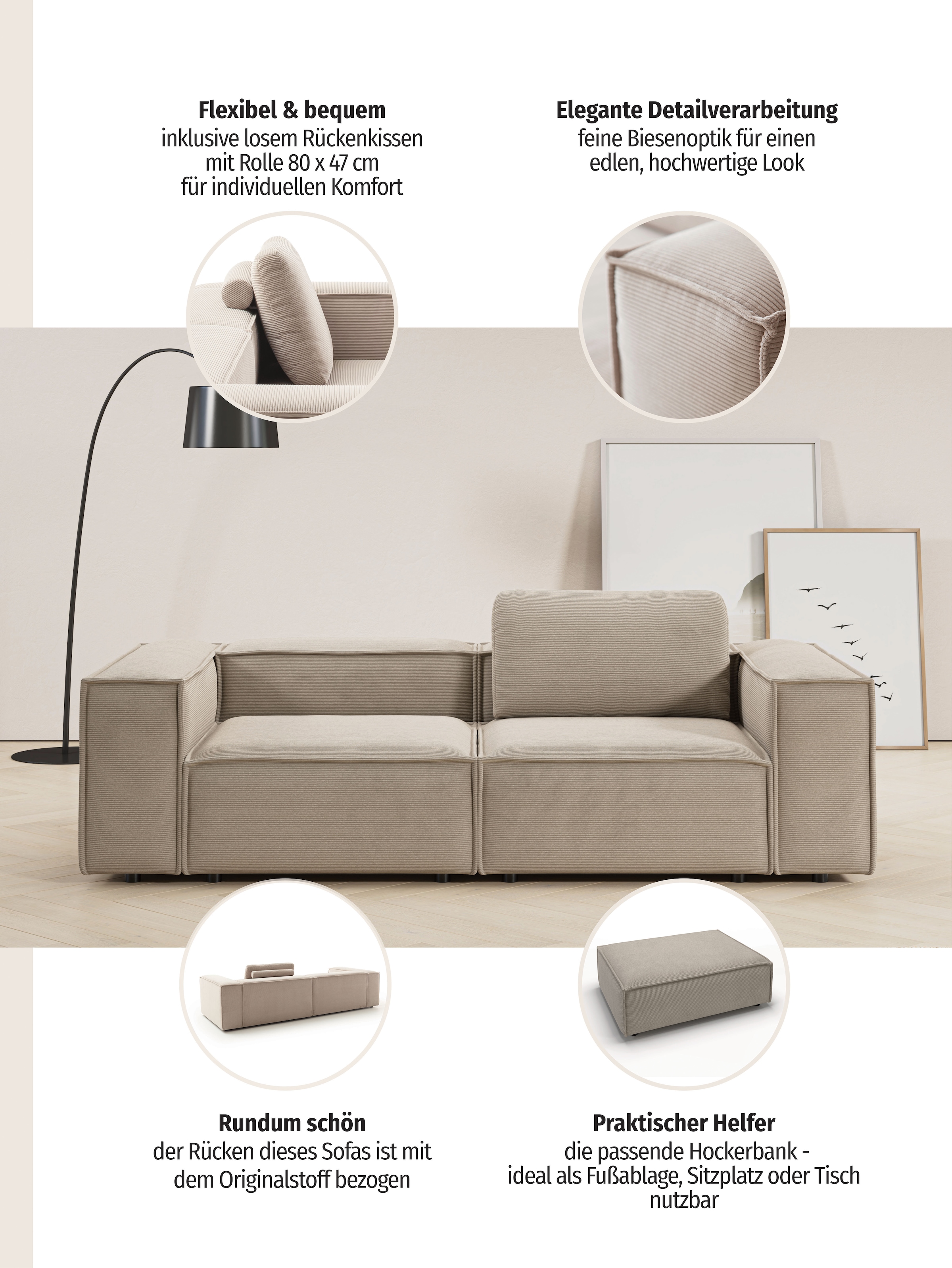 Places of Style 2-Sitzer »Watertown, modernes Sofa 246 cm breit, auch in Feincord«, stilvolles Sofa für 2 Personen mit extra breiter Sitzfläche
