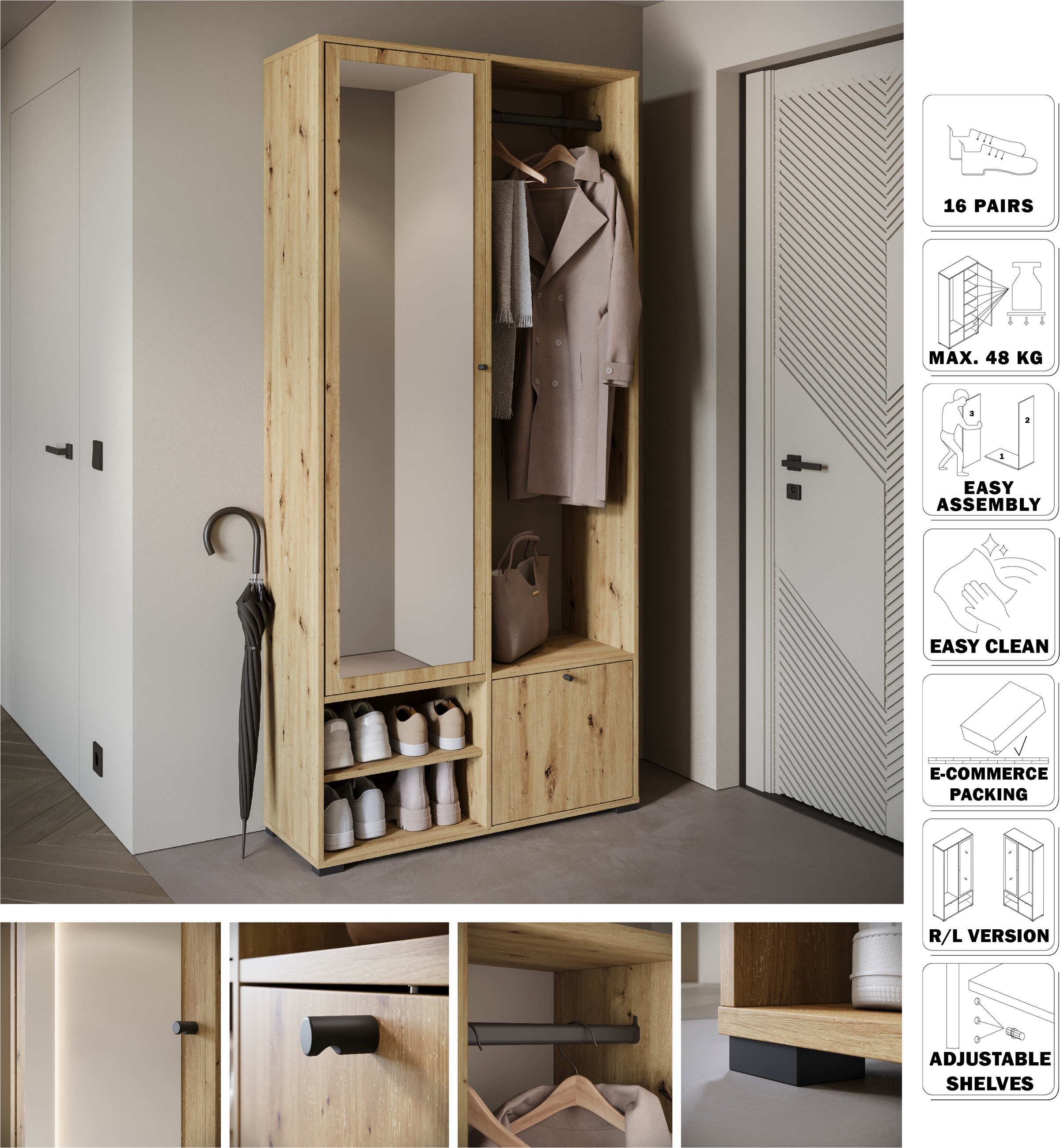 INOSIGN Garderobenschrank »DINO Kompaktgarderobe, Garderoben-Set DINO«, Mit Spiegel und Kleiderstange, 90 cm breit, Türanschlag wechselbar