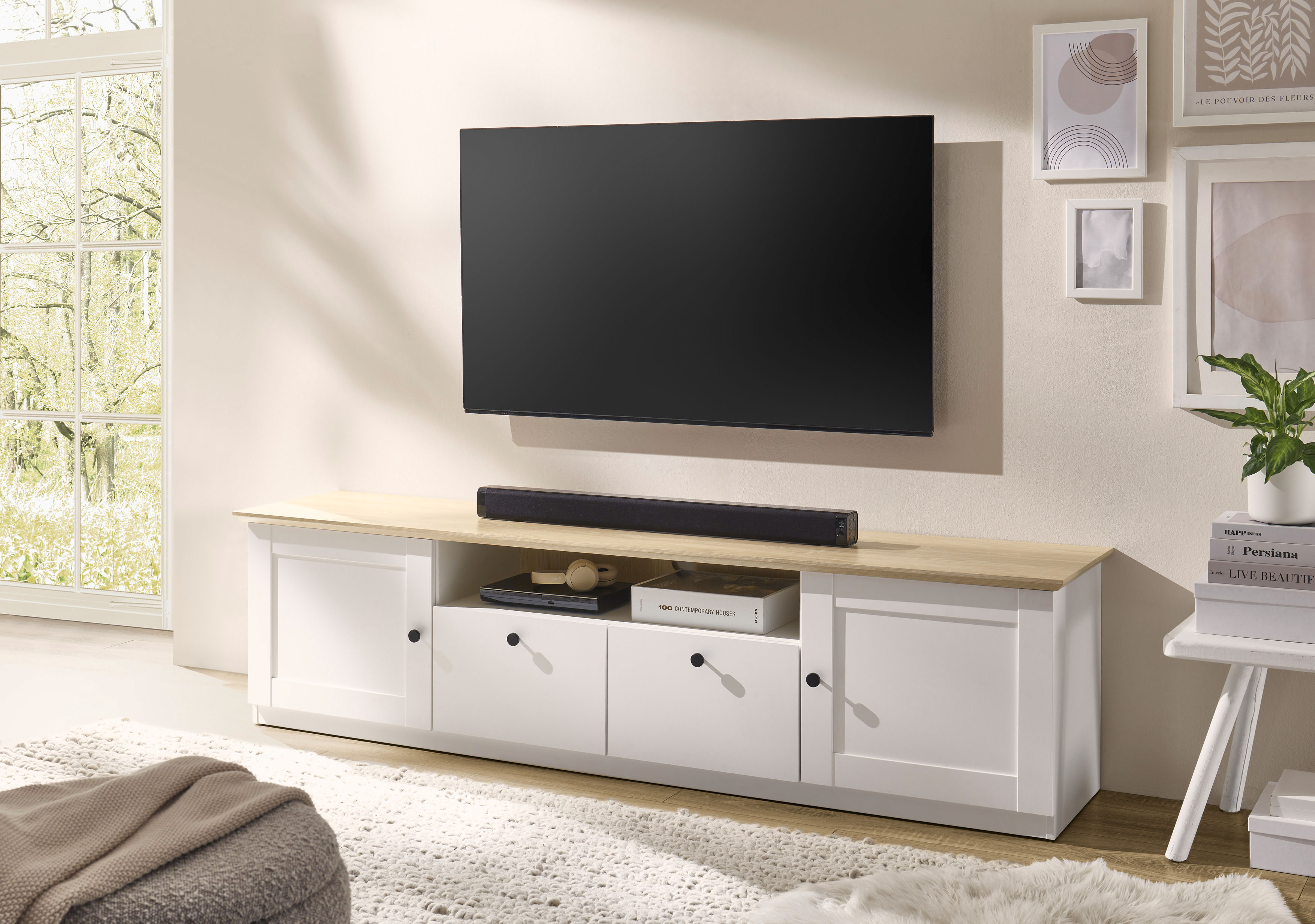 OTTO home Lowboard "Brest, TV-Unterschrank, Kommode, TV-Schrank im Landhausstil" schwarze Metallgriffe, ausreichend Stauraum, 204 cm breit