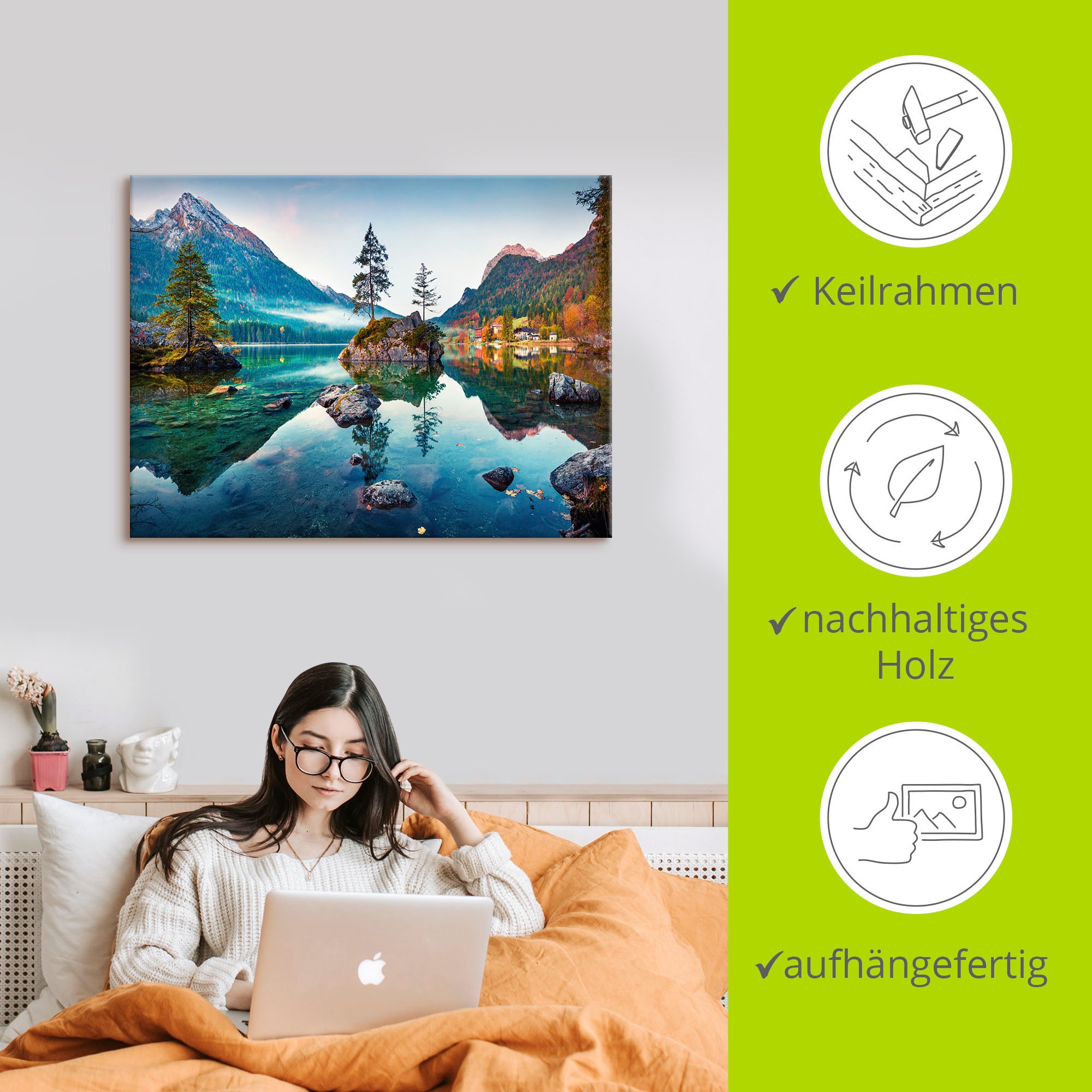 Artland Wandbild »Herbstszene des Hintersee vor Alpen«, Seebilder, (1 St.), als Alubild, Outdoorbild, Leinwandbild, Poster, Wandaufkleber