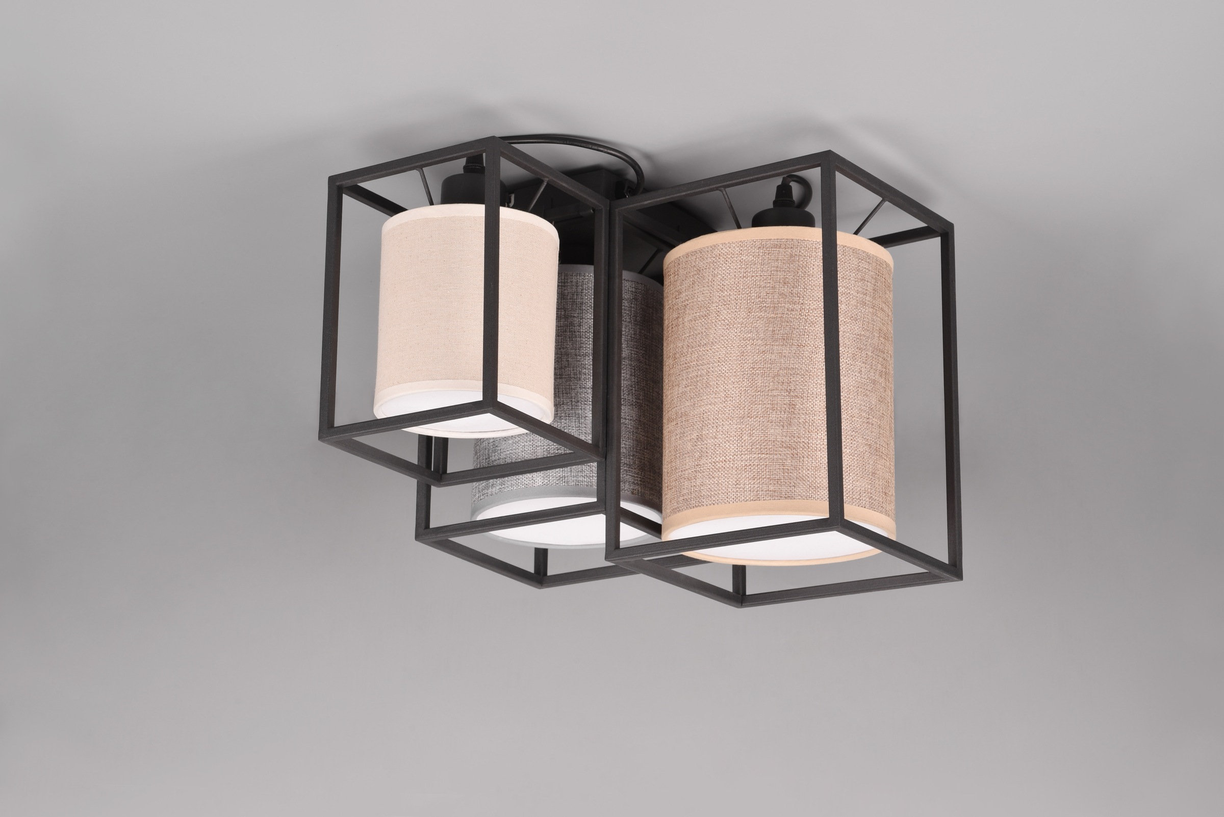 TRIO Leuchten Deckenleuchte »ROSS, 3-flammige Deckenlampe mit Stoffschirmen in 3 Farben 40x28x34 cm«, 3 flammig, Leuchtmittel E27 | Leuchtmittel wechselbar, Deckenlampe exkl 3xE27 max 25W Metall schwarz Schirme beige grau braun