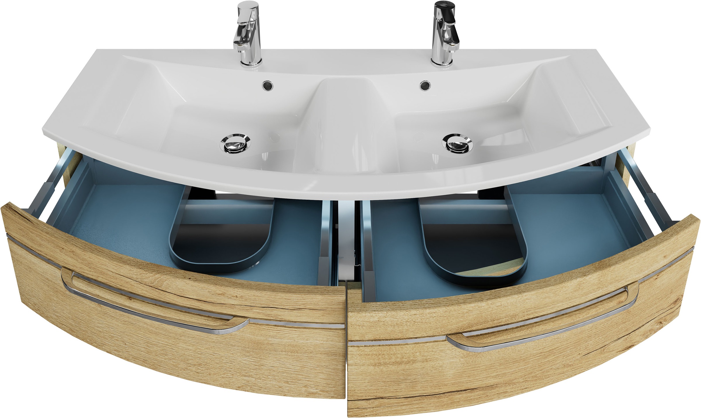 Saphir Badmöbel-Set »Badezimmer-Set 133,2 cm breit, inkl. Türdämpfer, 3 Türen, 4 Schubladen«, (Set, 2 St.), Serie 7045 2-teilig Mineralmarmor-Doppelwaschtisch, LED-Spiegelschrank