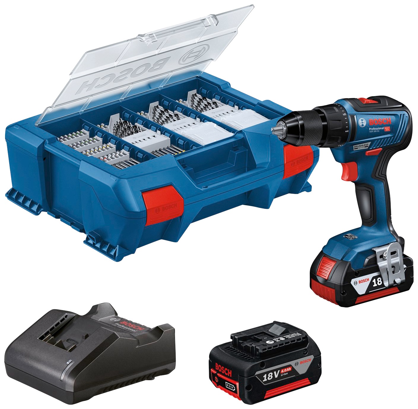 Bosch Professional  Akku-Bohrschrauber GSR 18V-55 Professional, (Set), mit 2. Akkus und Ladegerät
