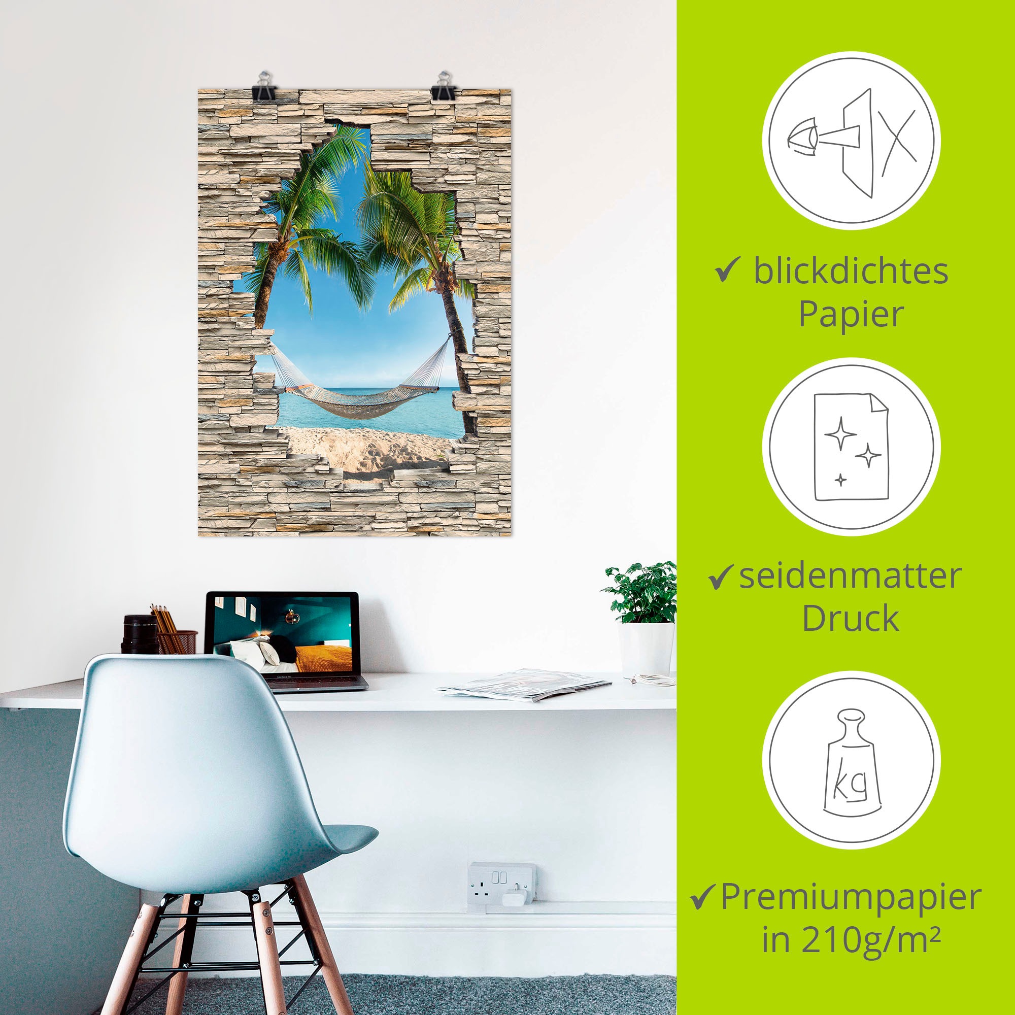 Artland Wandbild »Palmenstrand Karibik Hängematte Stein«, Karibikbilder, (1 St.), als Alubild, Outdoorbild, Poster in verschied. Größen