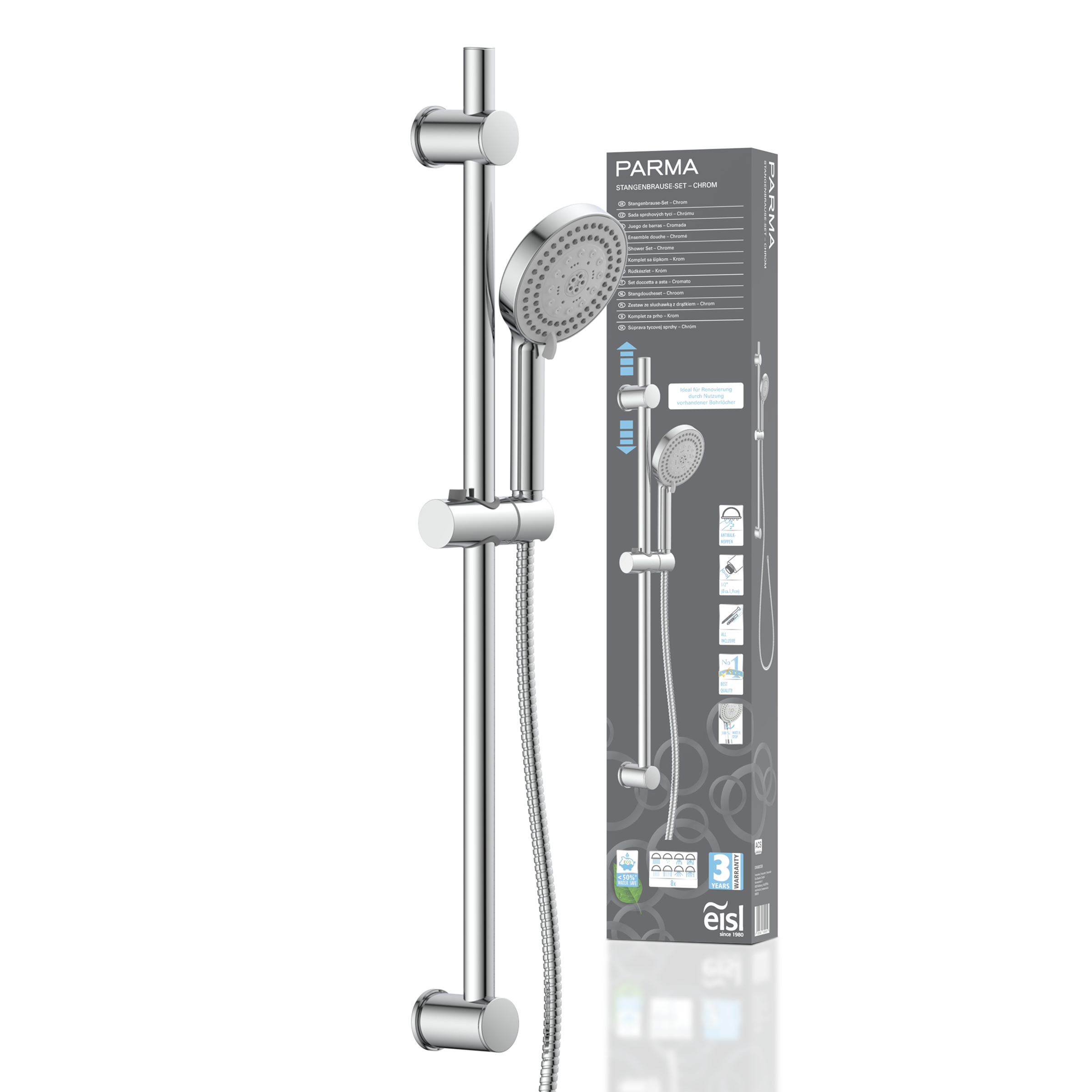 Eisl Stangenbrause-Set Duschkopf mit Schlauch und Halterung, Handbrause mit 8 Funktionen