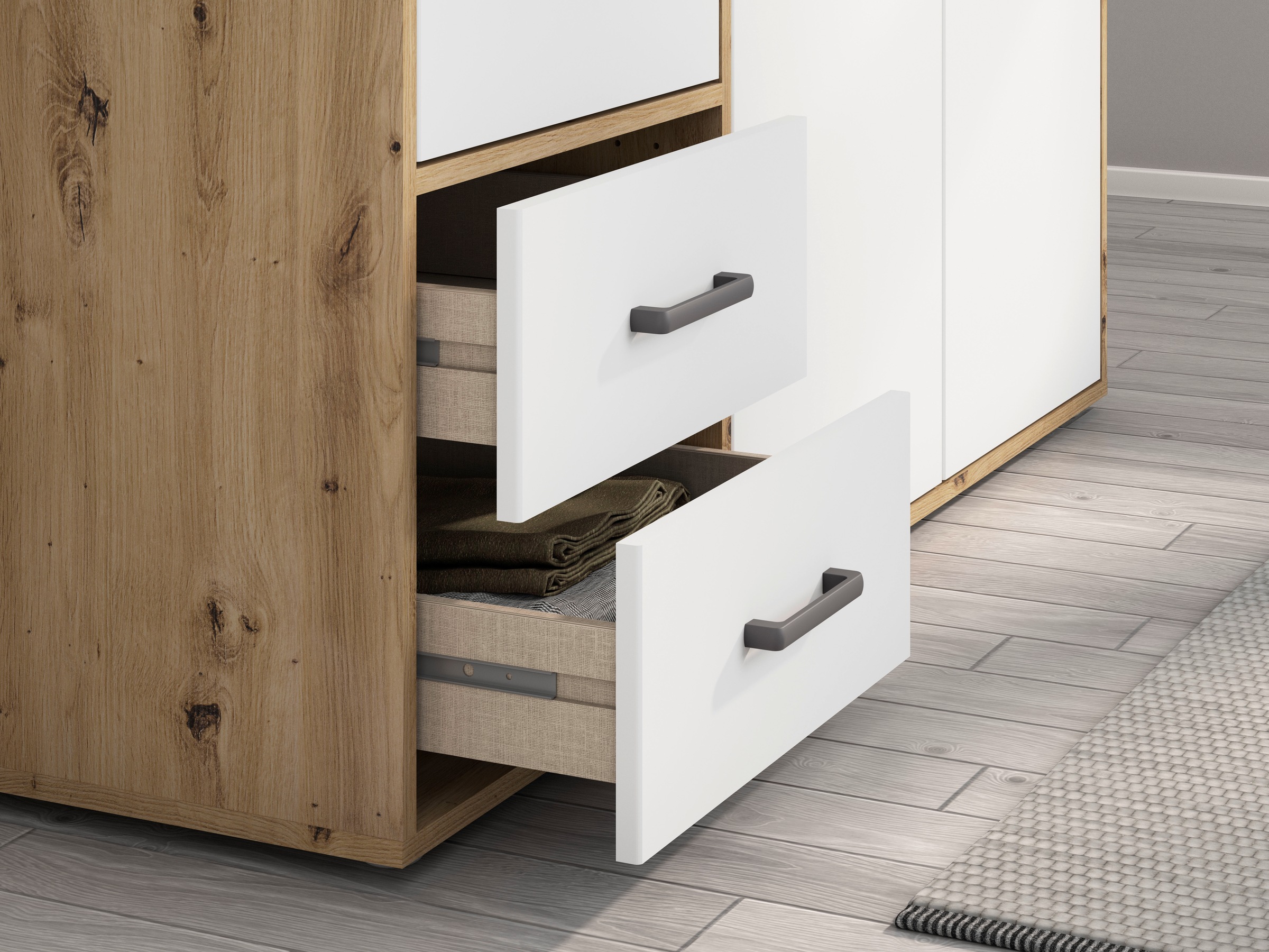 rauch Drehtürenschrank »Kleiderschrank Schrank Garderobe Wäscheschrank VOYAGER«, (in 3 verschiedenen Ausstattungen BASIC/CLASSIC/PREMIUM), mit modernen Griffen in Graumetallic, inkl. Schubkästen und Spiegel