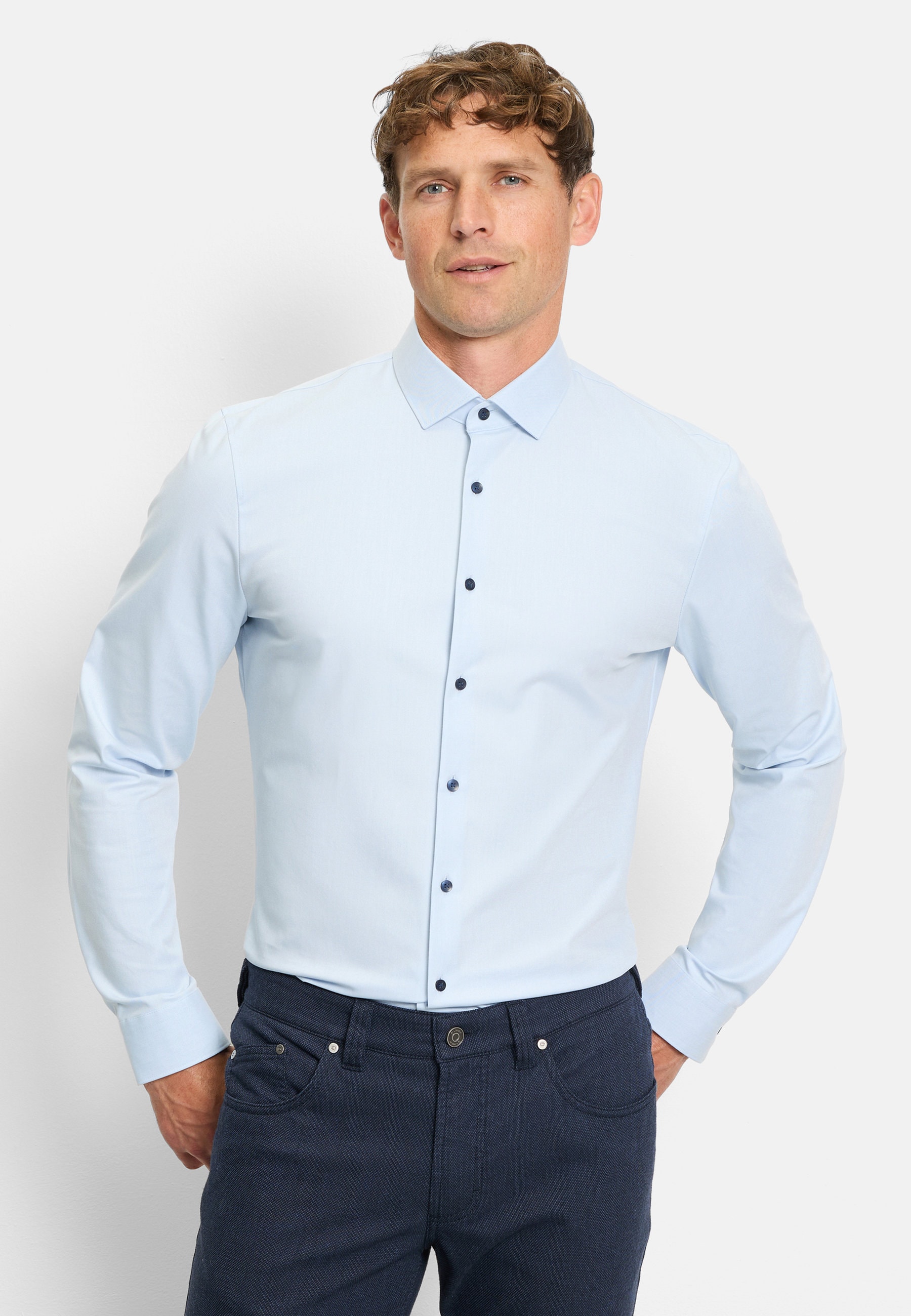 Businesshemd OLYMP "No. Six super slim", Herren, Gr. 44, N-Gr, blau (bleu), Jersey, Obermaterial: 64% Baumwolle, 27% Polyester, 9% Elasthan, Hemden, Jersey-Hemd