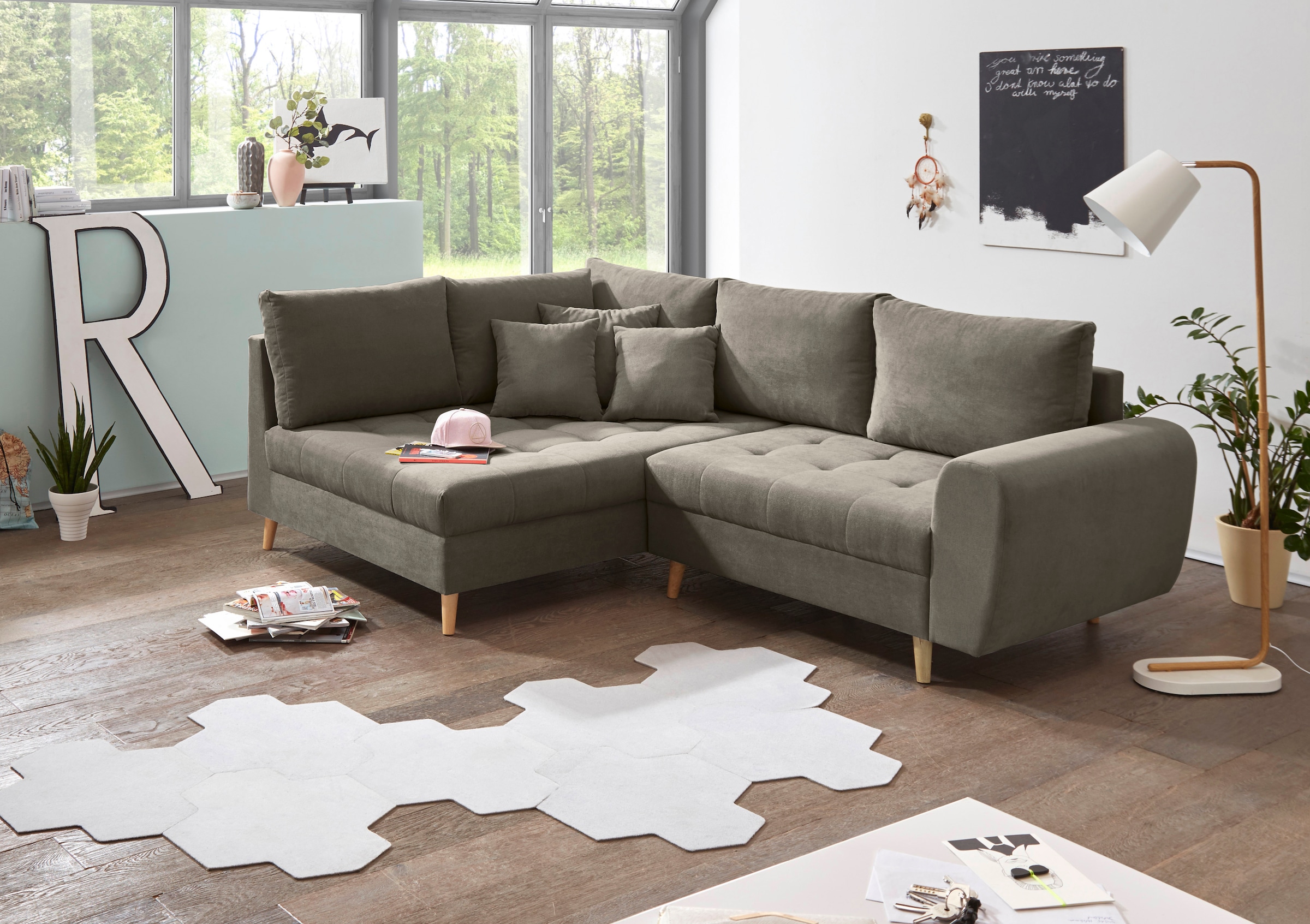 ED EXCITING DESIGN Ecksofa »Alice L-Form«, (Set), mit Hocker, Rückenkissen, Zierkissen, frei im Raum stellbar