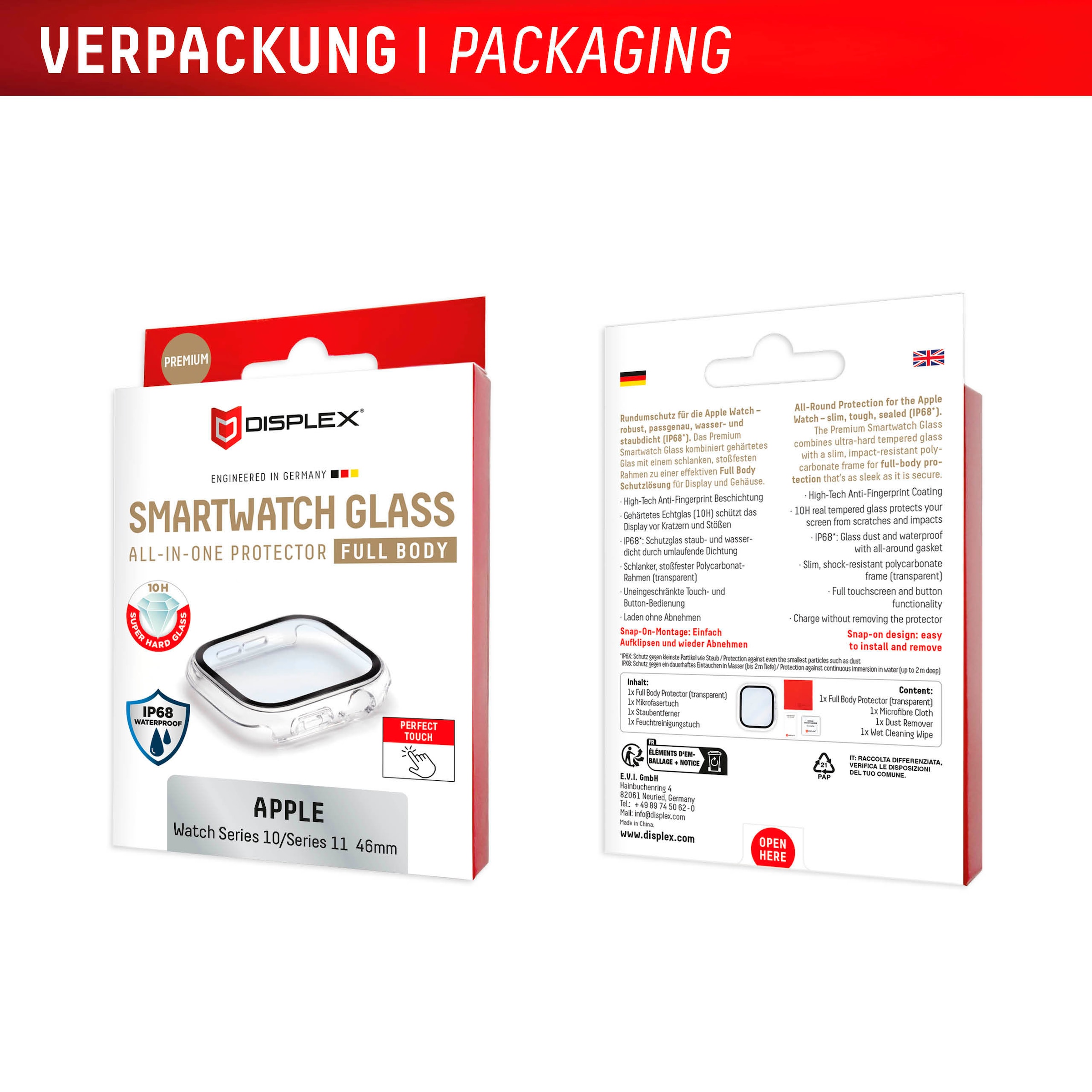 Displex Displayschutzglas »Smartwatch Glass All-In-One Protector Full Body« für Apple Watch Series 10 46 mm;Apple Watch Series 11 46 mm Displayschutzfolie, Schutzfolie, Bildschirmschutz, kratz- & stoßfest