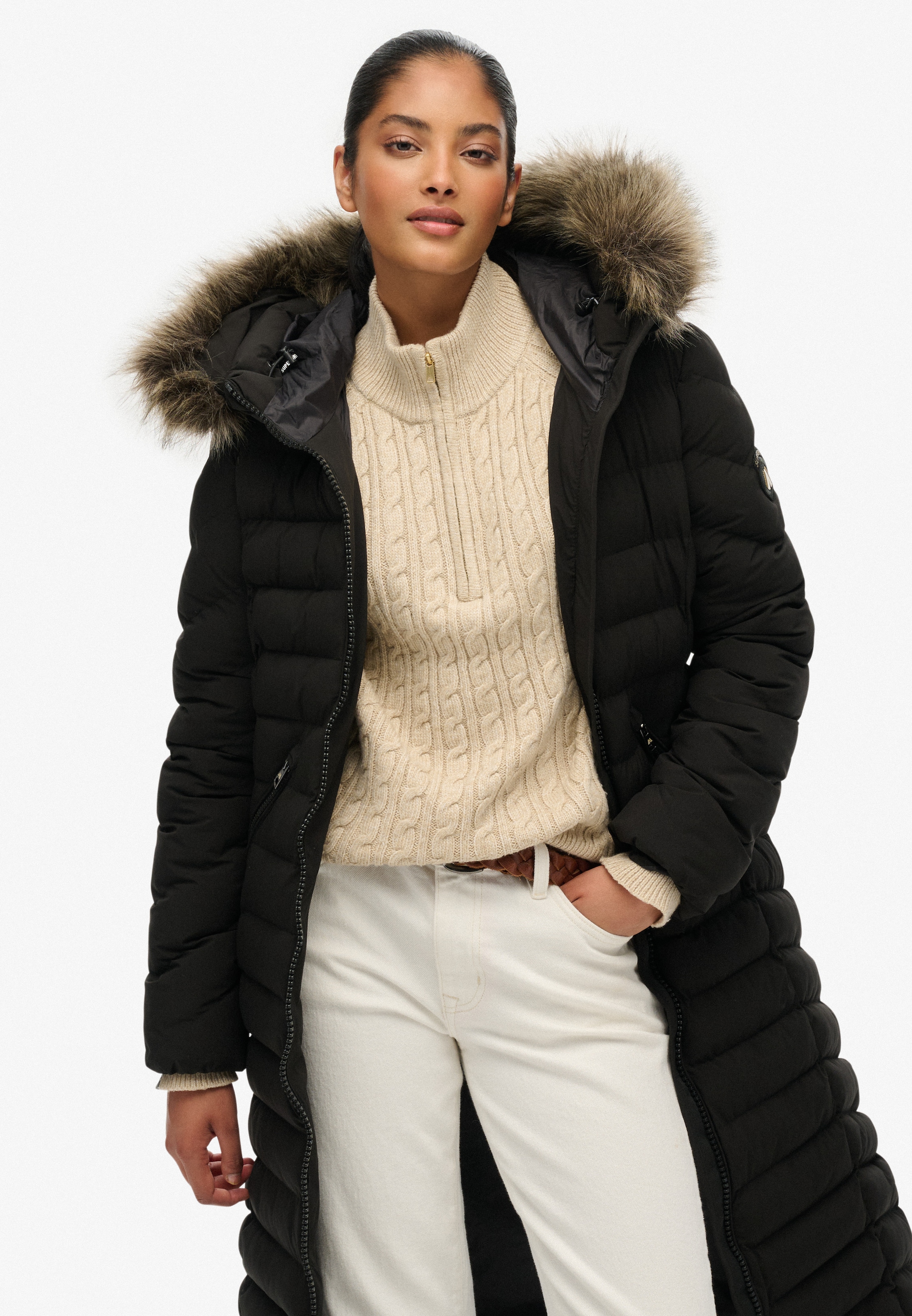 Superdry Steppjacke »FUJI FAUX FUR HOODED LONGLINE«, mit Kapuze