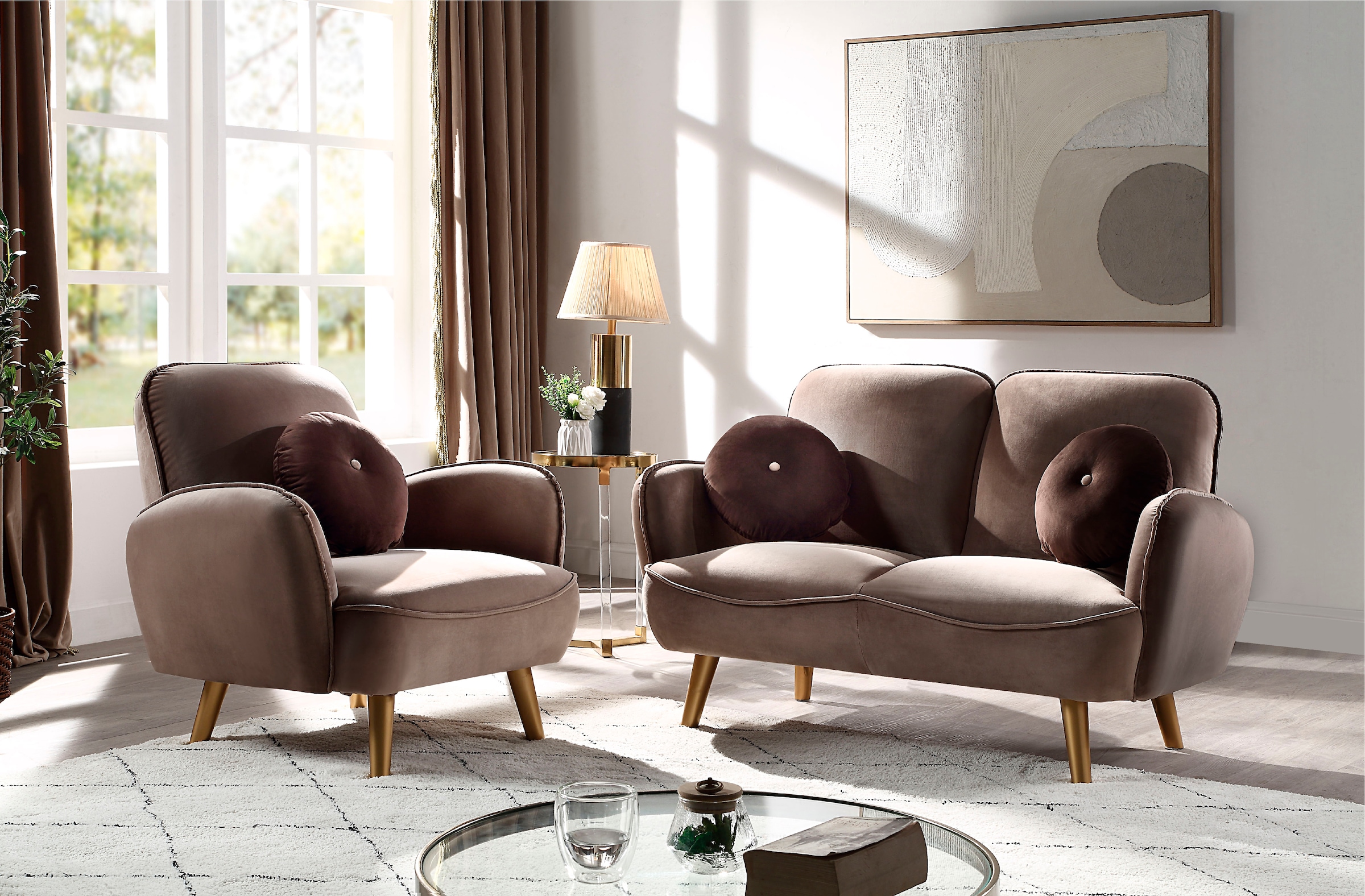 ATLANTIC home collection 2-Sitzer, mit Welleunterfederung,inkl. 2 Dekokissen,  goldenen Massivholzfüßen | BAUR | Einzelsofas
