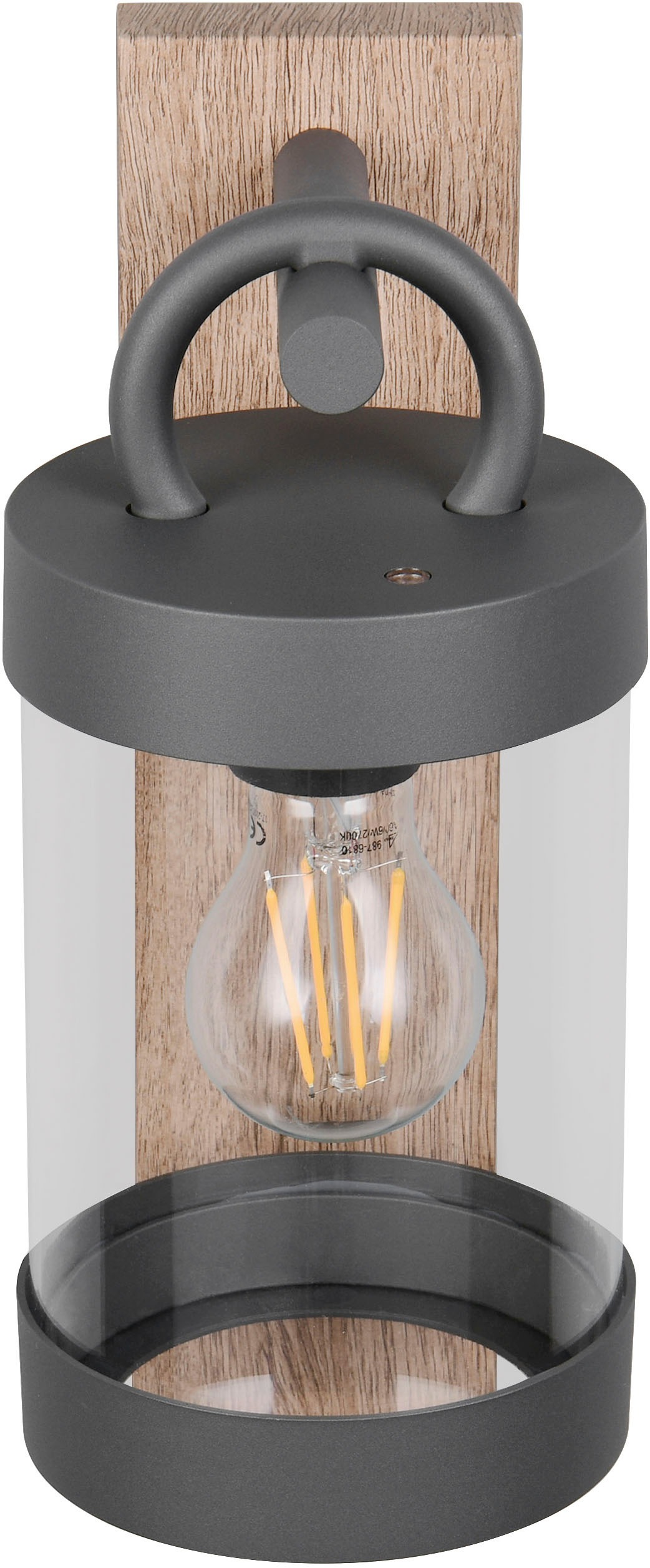 TRIO Leuchten Außen-Wandleuchte »SAMBESI, Laternen Optik Hauswand, exkl 1x E27 max 28W Dämmerungssensor«, 1 flammig, Leuchtmittel E27 | Leuchtmittel wechselbar, Fassadenbeleuchtung aus Alu Druckguss, Rückenplatte Holz Nachbildung