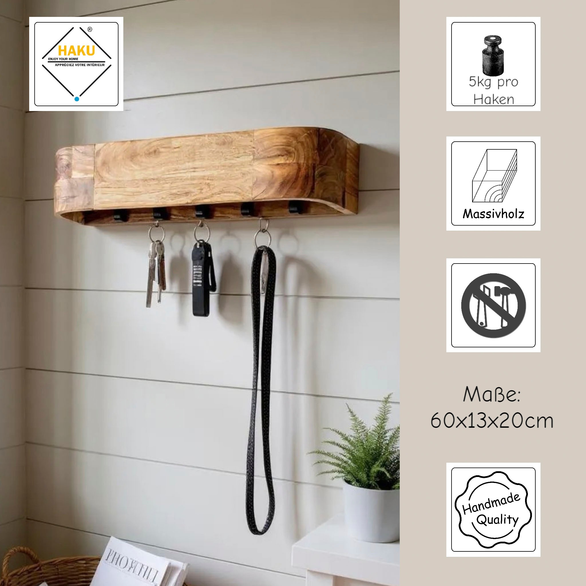 HAKU Wandgarderobe »Wandgarderobe« 1 Stk. tlg. rechteckig - aus Massivholz Braun - B/T/H 60/20/13 cm