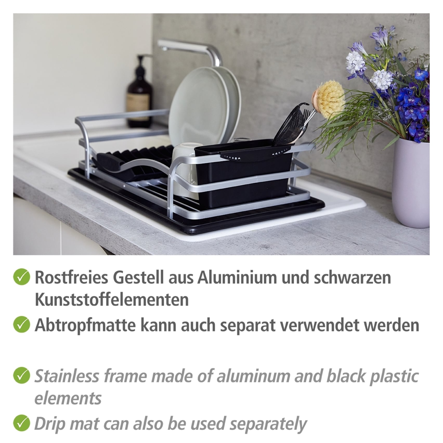 WENKO Geschirrständer »Modell Alu«, Geschirrabtropfer aus Aluminium & Kunststoff, abnehmbarer Besteckkorb