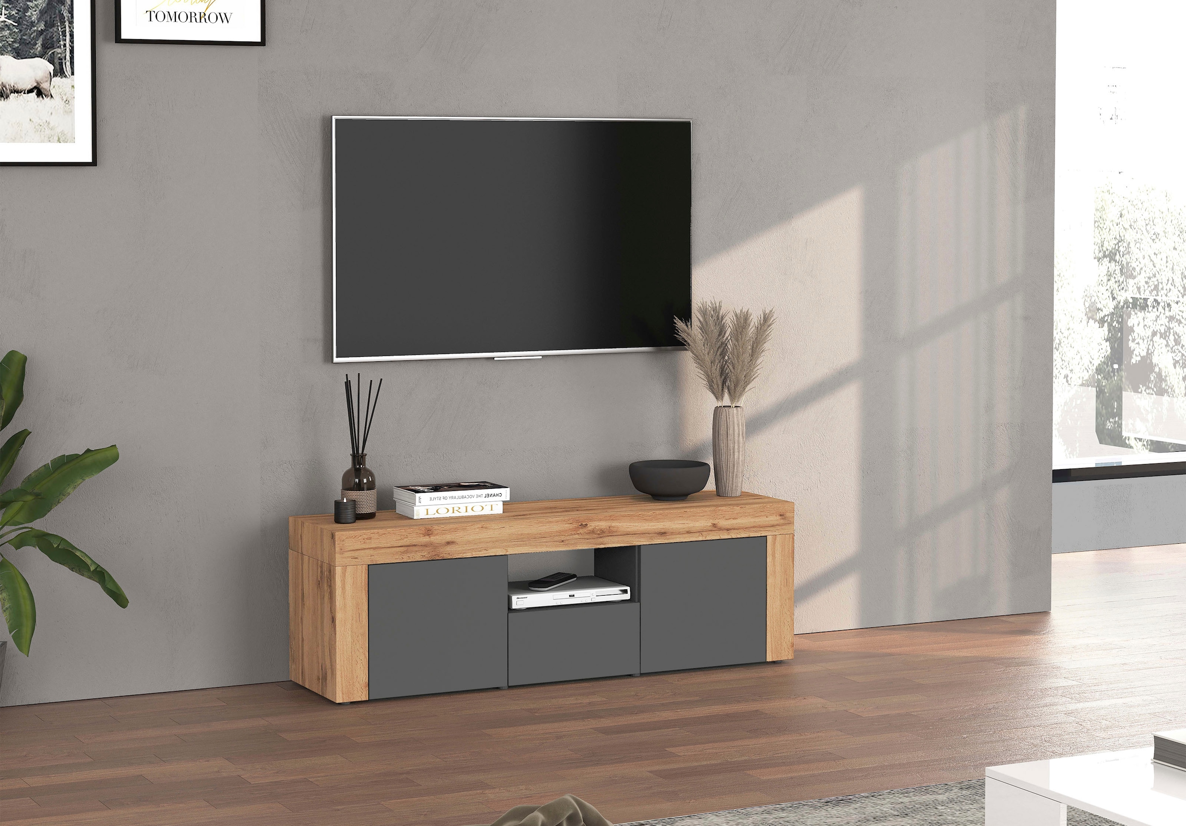 INOSIGN Lowboard »CHRONOS Breite 155 cm mit 2 Türen, 1 Schublade,1 offenes Fach«, (1 St.), TV-Board, Sideboard niedrig, Grifflos mit Push to Open 'Made in Italy'