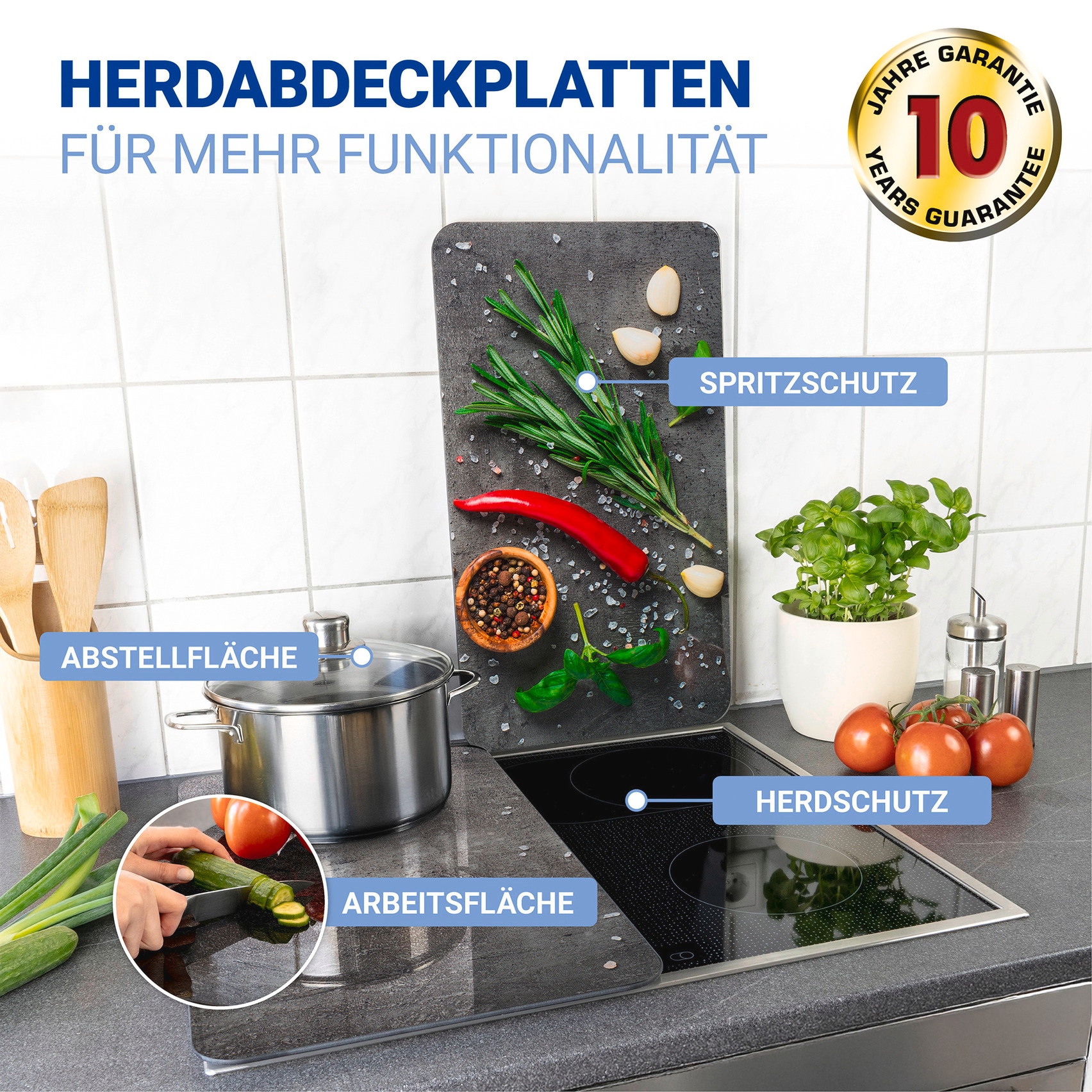 WENKO Herd-Abdeckplatte »Universal Modell Rosmarin«, (Set, 2 tlg.), Herdabdeckung für alle Herdarten, kratzfest, mit rutschfesten Füßen