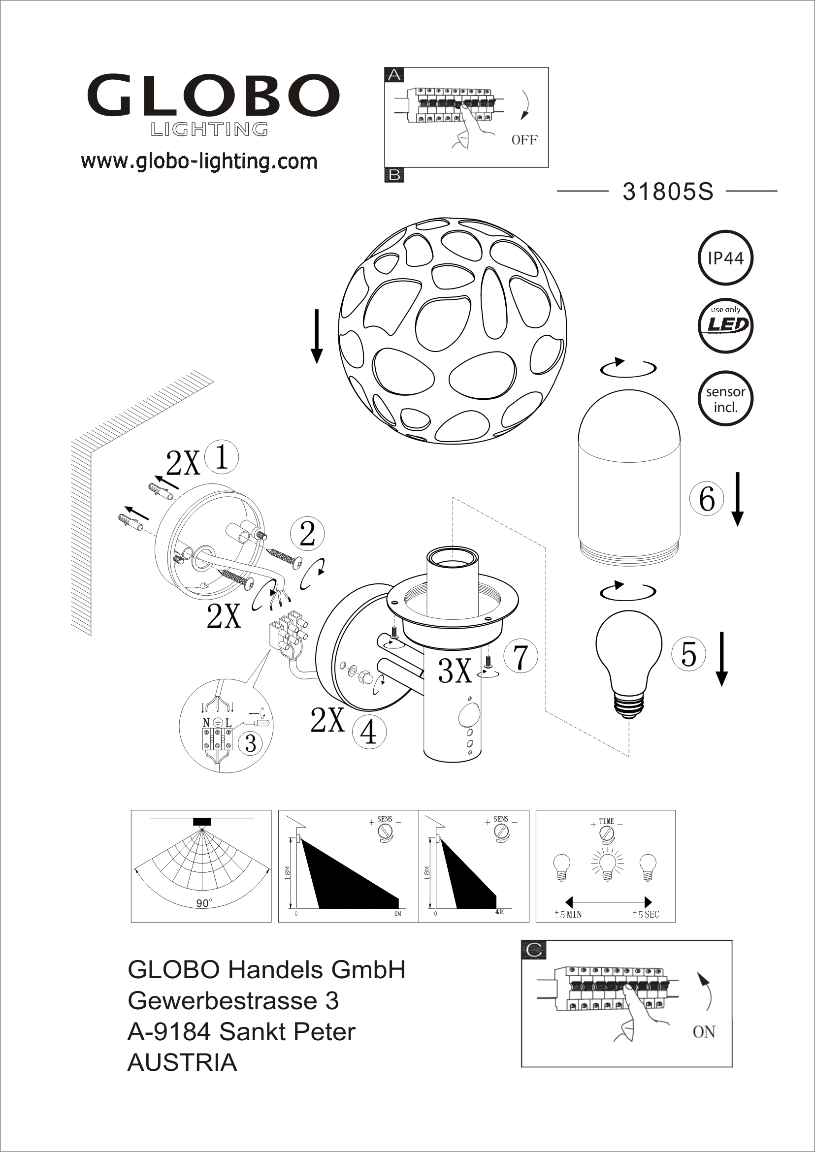 GLOBO LIGHTING Außen-Wandleuchte »HILARIO« E27 1 Stk. Außenleuchte mit Sensor für Garten & Eingang