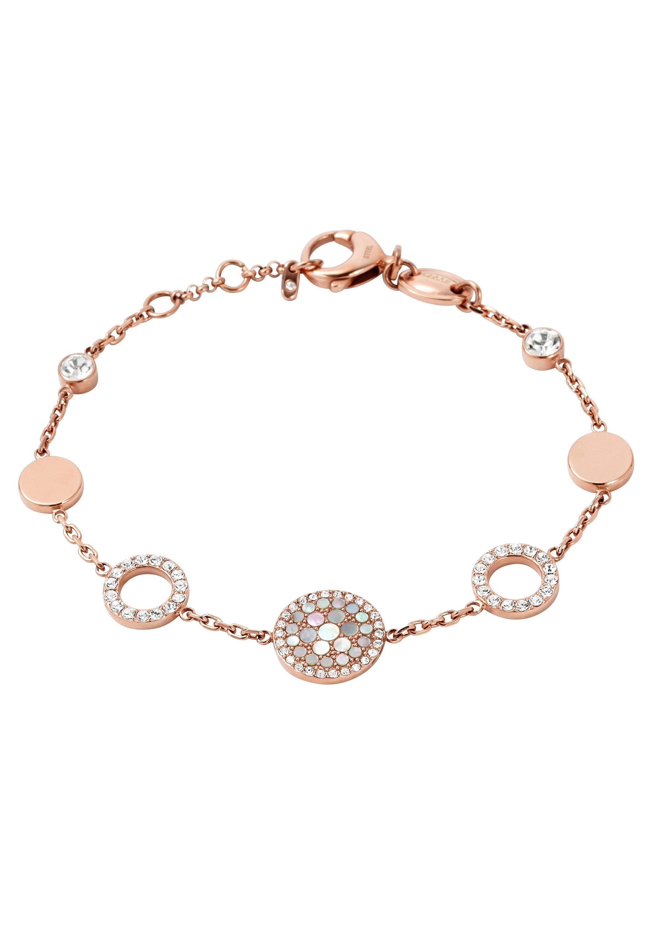 Armband FOSSIL "Schmuck Geschenk Edelstahl Pearl Disc Station", rosa (roségoldfarben, perlmuttfarben, kristallweiß, kristallweiß), Armbänder, Damen, 19cm, Edelstahl, Armband, mit Glasstein, mit Perlmutt 2