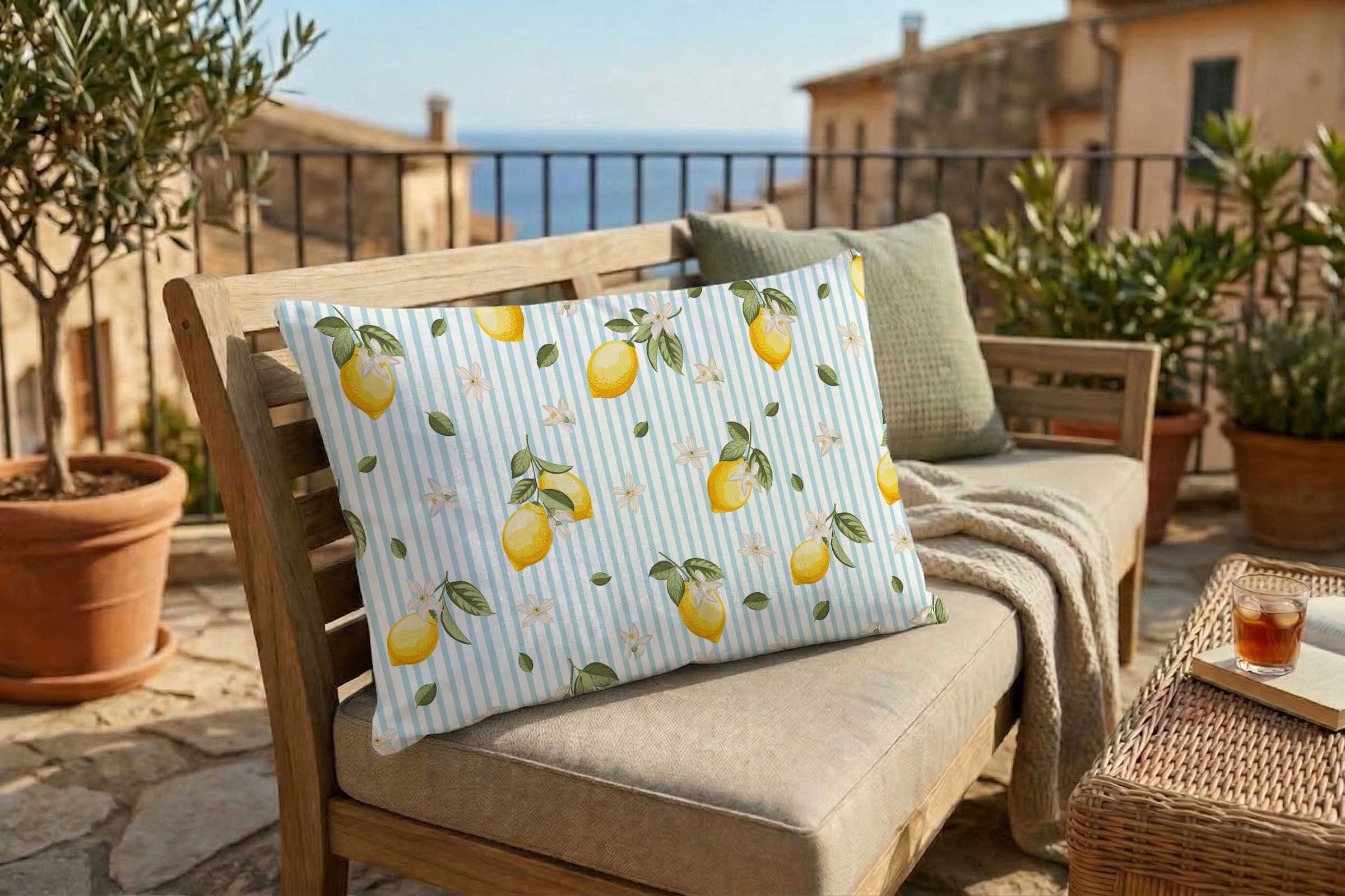 queence Dekokissen »Zitronen  Hellblau« Premium Outdoor Kissenbezug; Format: 60x40 cm