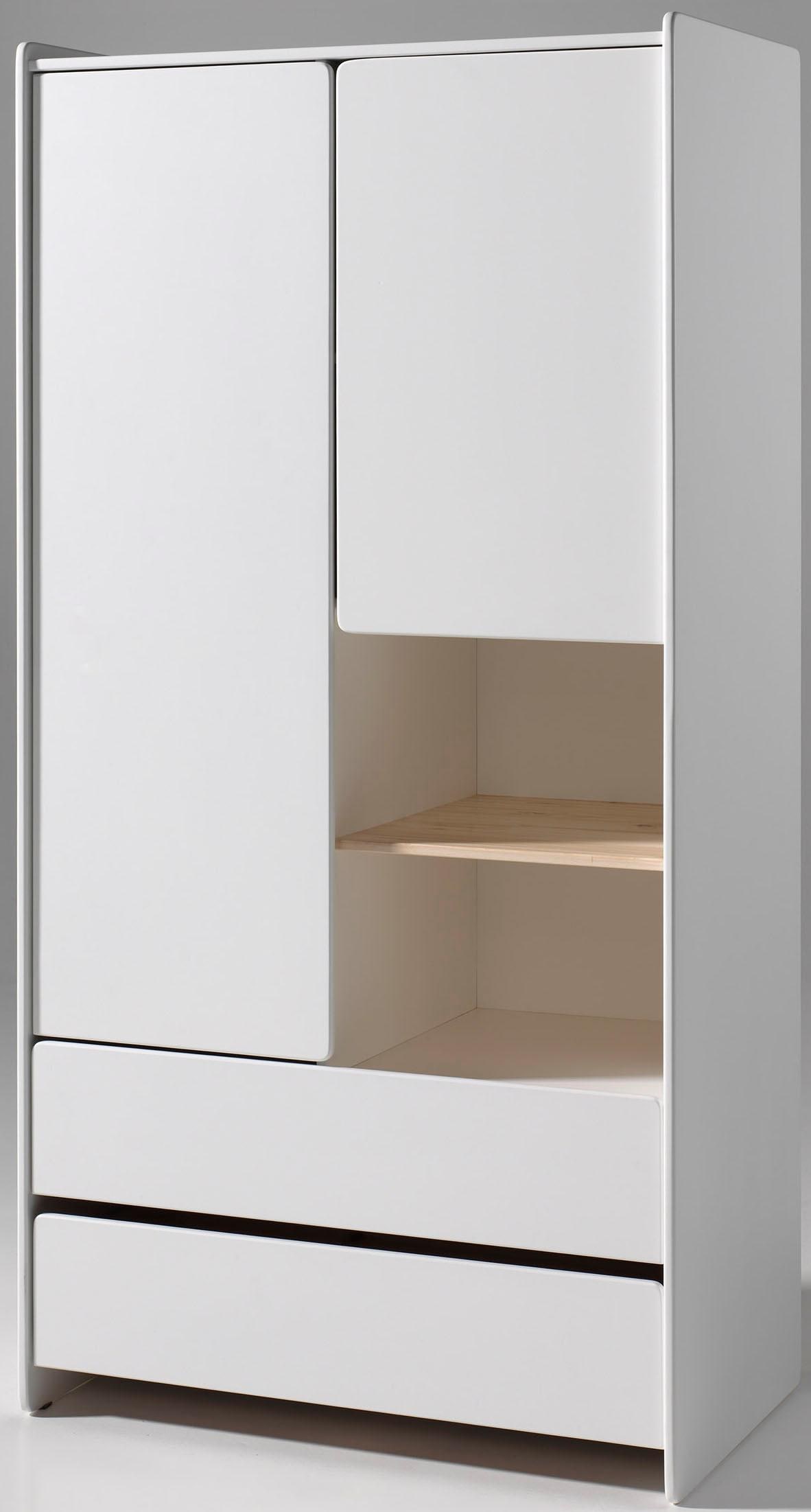 Vipack Kleiderschrank »Kiddy, mit funktioneller Einteilung und 2 Schubladen, stabil gebaut«, (H/T ca. 180x55cm, MDF weiß lackiert, Fachboden Kiefer), bietet viel Stauraum, wahlweise 2 Schrankbreiten