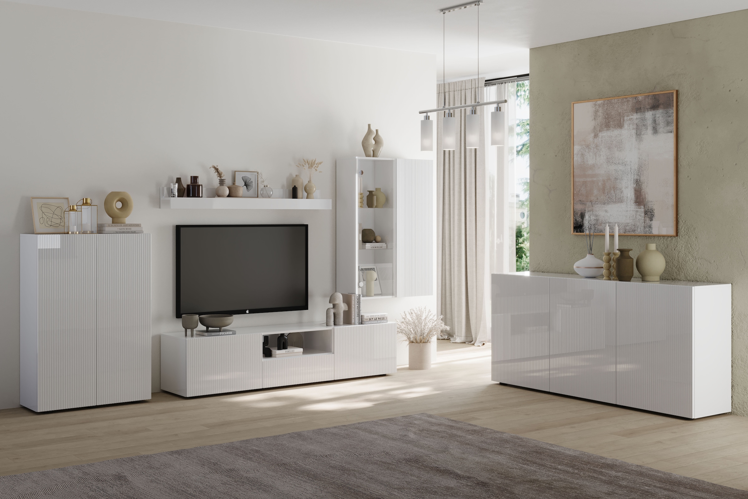INOSIGN Wohnwand »Rio, 4tlg. Breite 300 cm, modernes, elegantes Wohnzimmer-Set«, (4 St.), (Lowboard, Highboard, Hängevitrine, Wandboard), Front geriffelt