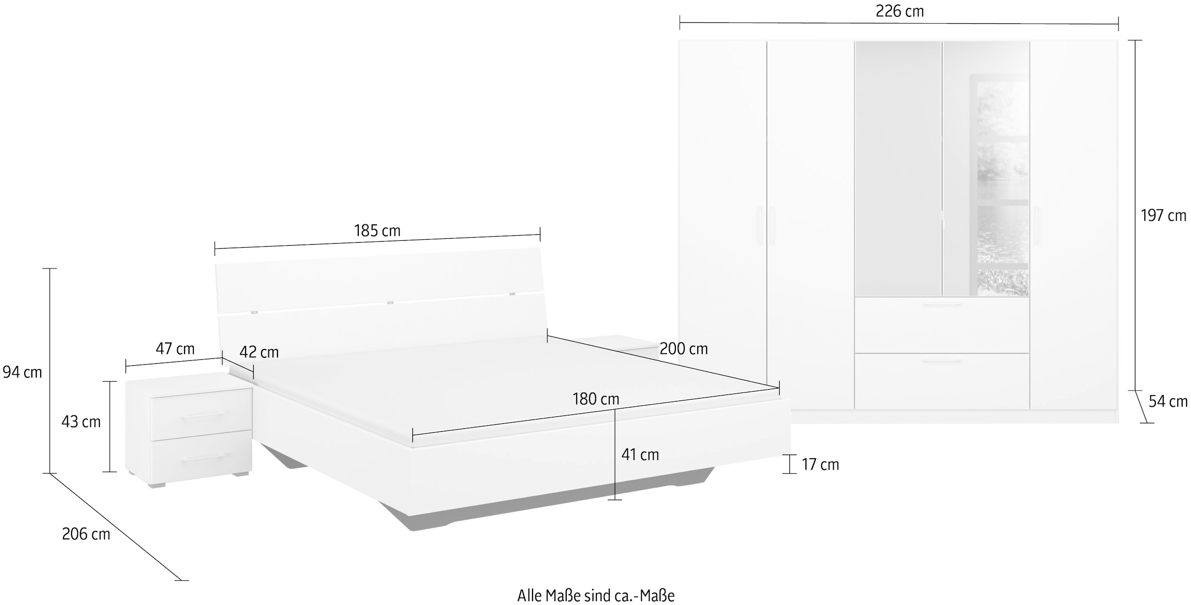 rauch Schlafzimmer-Set »Challenger«, Schrank mit Spiegel in 2 Breiten, Bett in 3 Breiten und 2 Nachttische