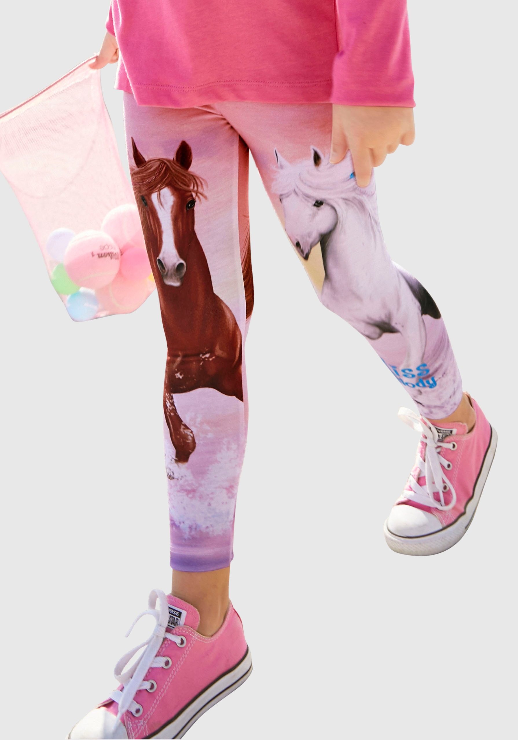 Leggings MISS MELODY, Mädchen, Gr. 104/110, N-Gr, rosa (rose), Jersey, Obermaterial: 95% Polyester, 5% Elasthan, bedruckt, schmal lang, Hosen Leggings, mit schönem Pferdemotiv