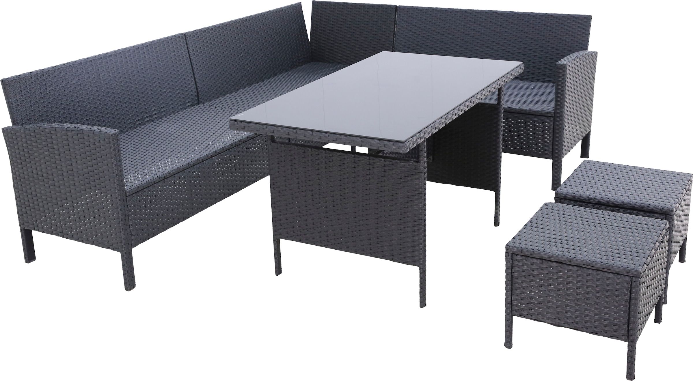 KONIFERA Gartenlounge-Set »»Manhattan««, (Set, 18 tlg., Ecklounge, Tisch 66x120x74 cm, 2 Hocker, inkl. Auflagen), Stahl/Polyrattan