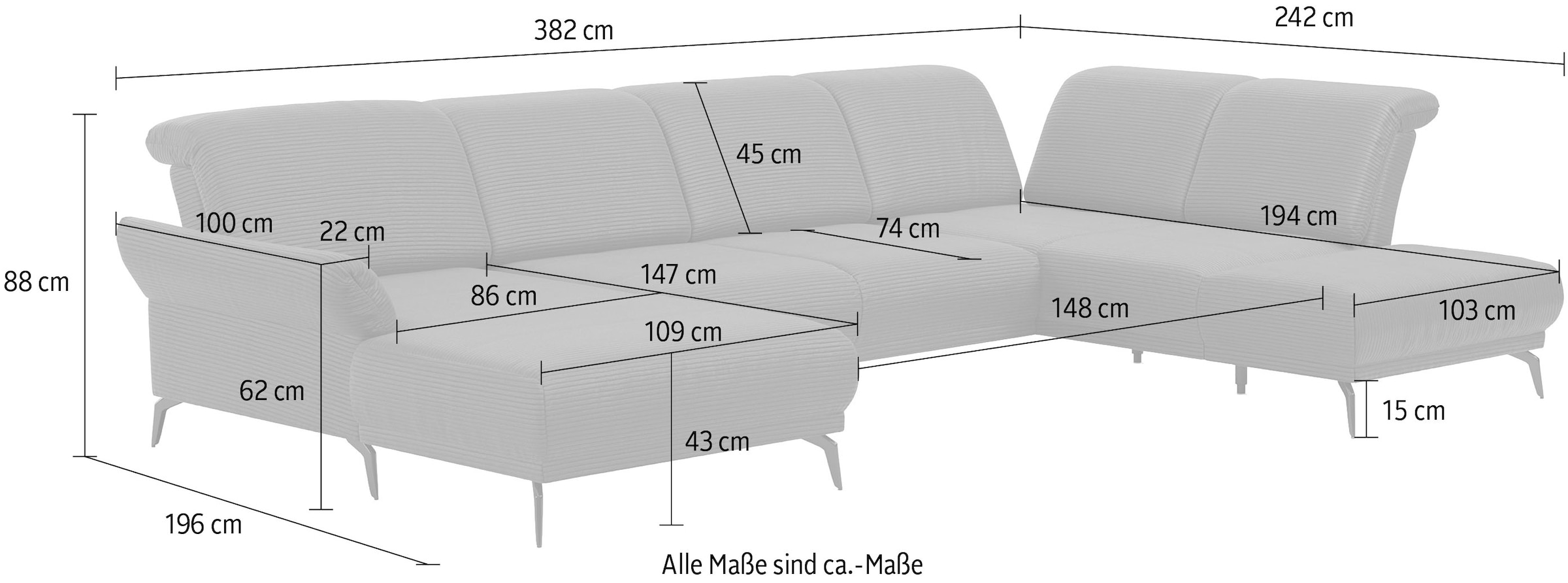 INOSIGN Wohnlandschaft »Coco U-Form«, Sitztiefen-, Arm- und Kopfteilverstellung, Cord-Bezug, Fußhöhe 15 cm