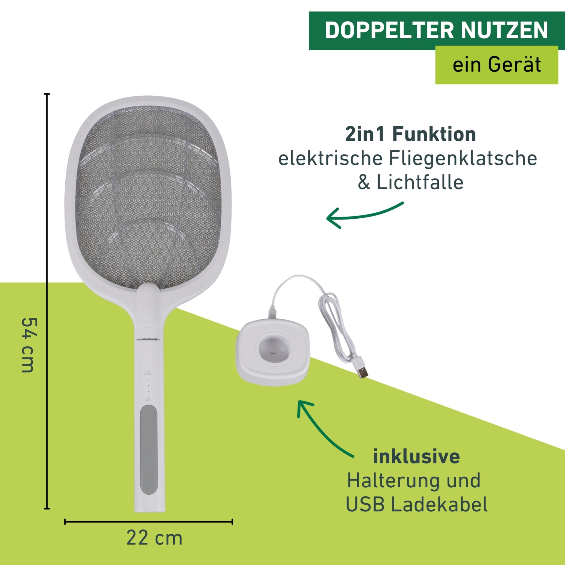 Windhager Fliegenklatsche »elektrisch 2in1, Insektenvernichter durch UV-Licht« Fliegenfänger aufladbar, Lichtfalle inkl. Halterung und USB Ladekabel