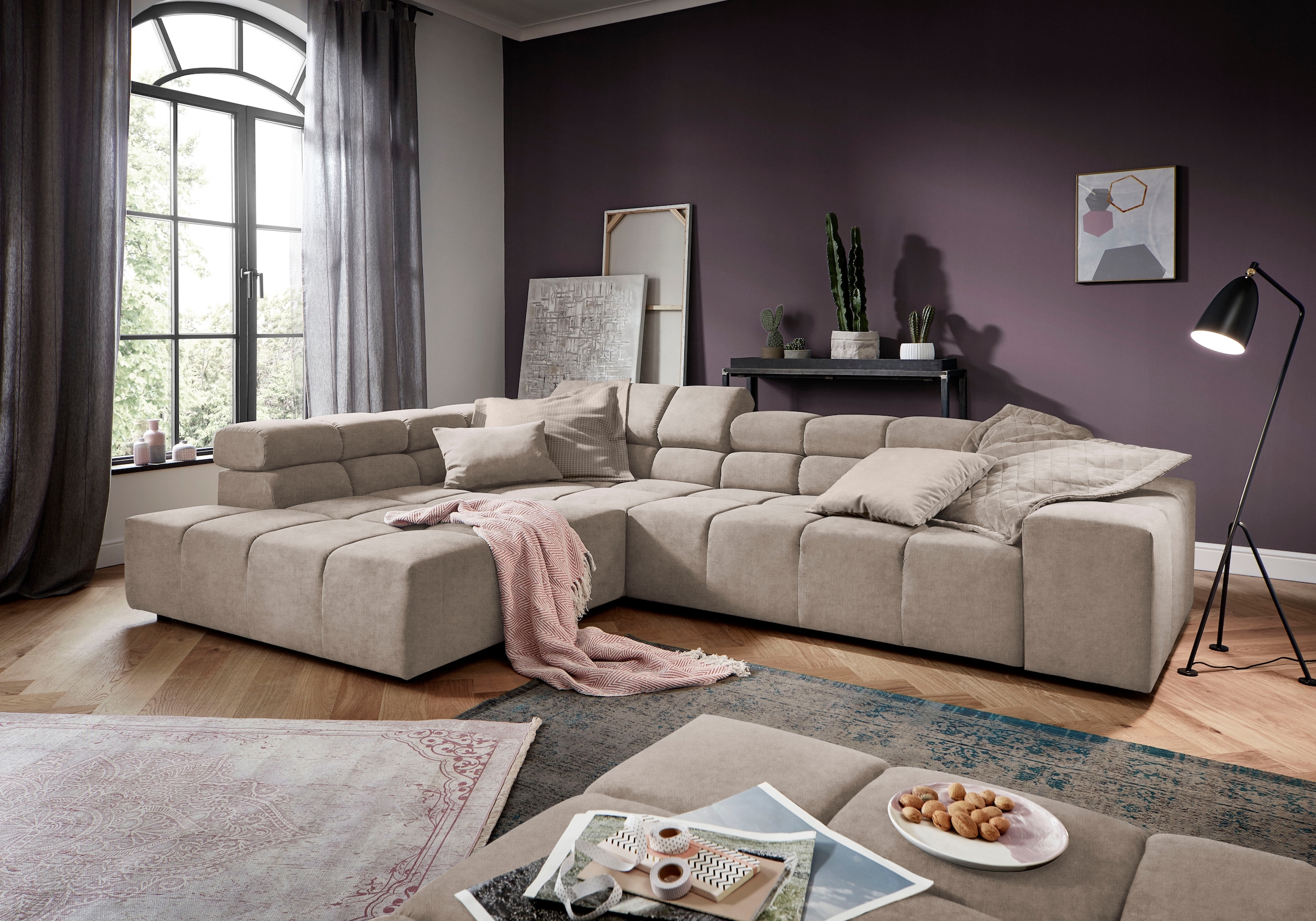 Home affaire Ecksofa "Ancona, Ecksofa, incl. Kopfteilverstellung, Breite 319 cm, L-Form" wahlweise motorische Sitztiefenverstellung, auch in Cord + Easy Care