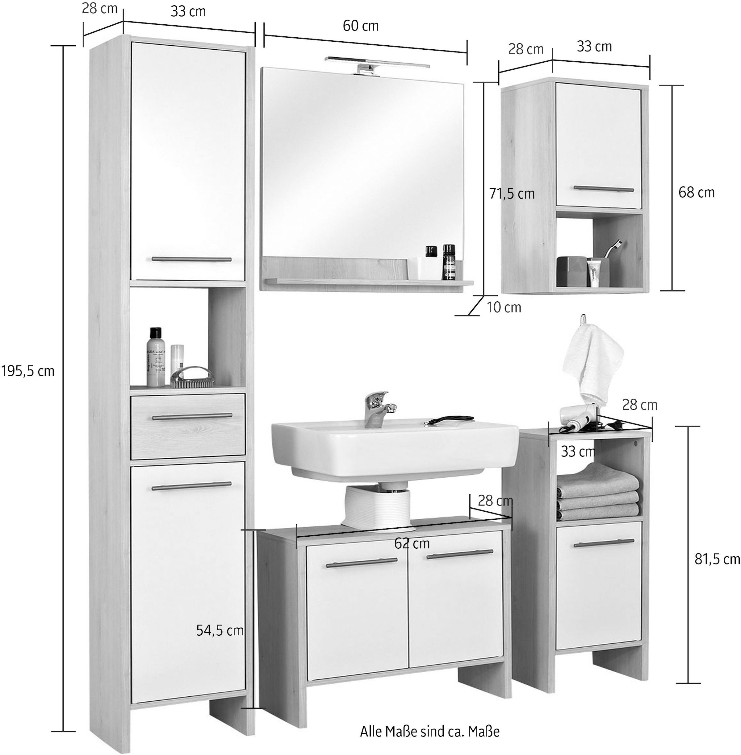 Saphir Badmöbel-Set »Quickset 350 5-teilig, mit Waschbeckenunterschrank und LED-Spiegel«, (Set, 5 St.), Pinie Ida hell Nachbildung, mit 6 Türen, 1 Schublade, 3 Nischen