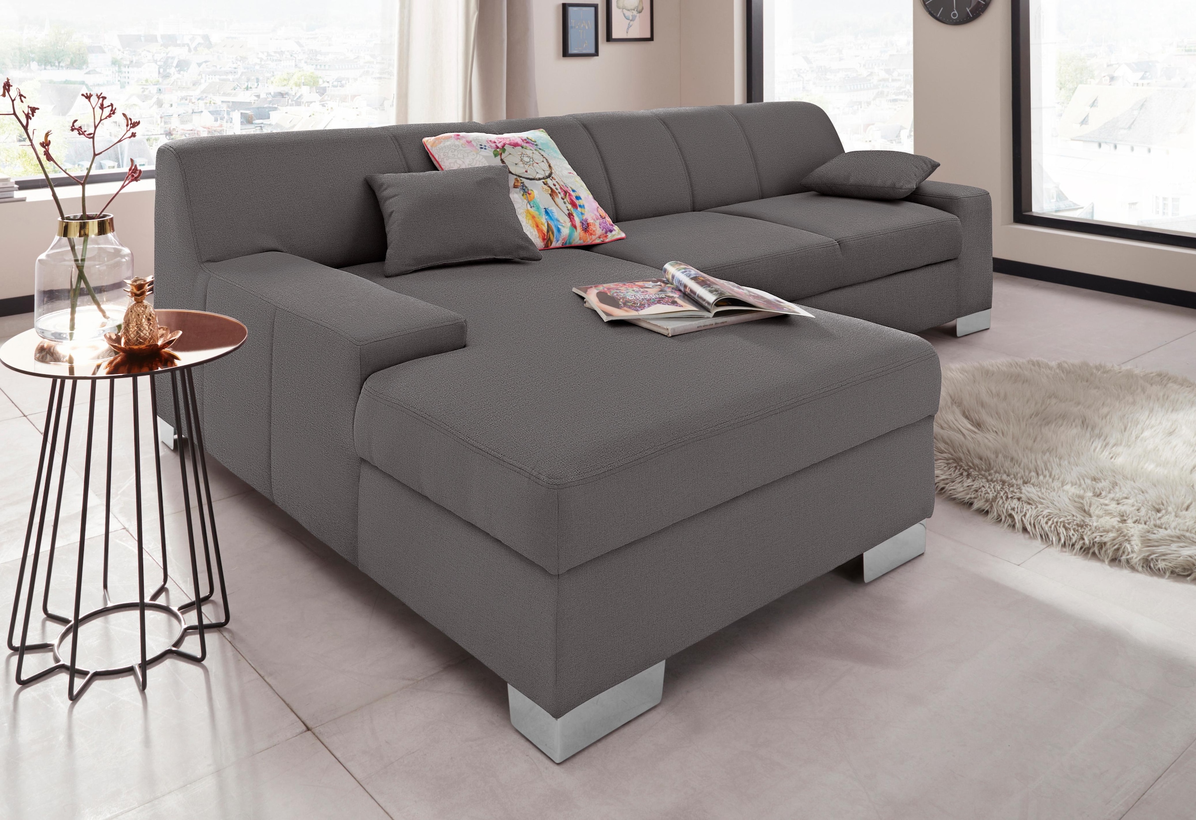 DOMO collection Ecksofa "Bero, elegant und zeitlos, flache Armlehnen, Breite 268cm L-Form" fester Sitzkomfort, wahlweise mit Bettfunktion