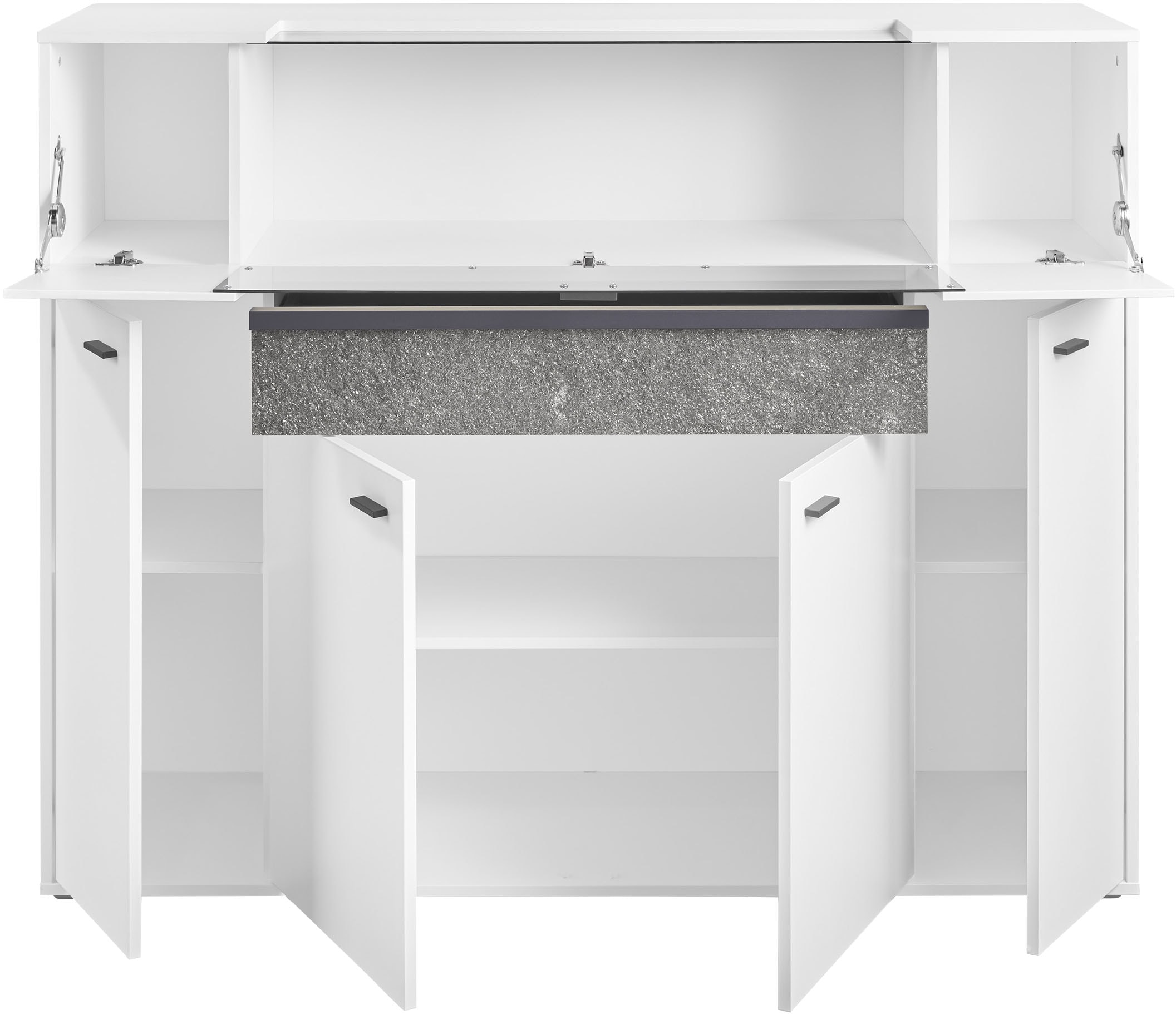 set one by Musterring Highboard »Deltona«, inklusive Beleuchtung, mit Glasklappe und Zierelement, B154 x H122 cm