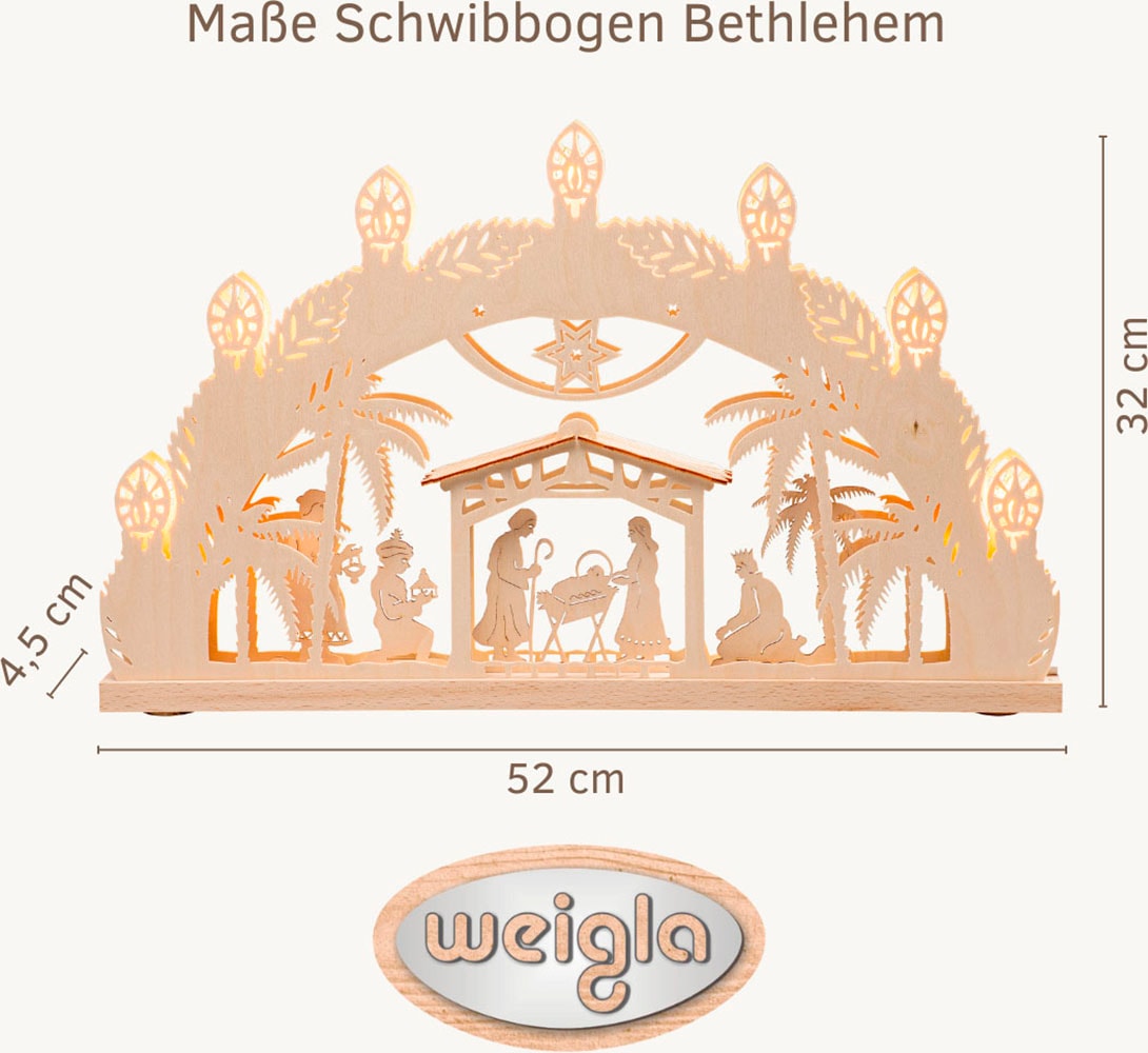 Weigla LED Schwibbogen »Bethlehem, Lichterbogen aus Holz, NATUR, Christi Geburt«, Erzgebirge garantiert, Weihnachtsdeko Innen, Weihnachtsbeleuchtung