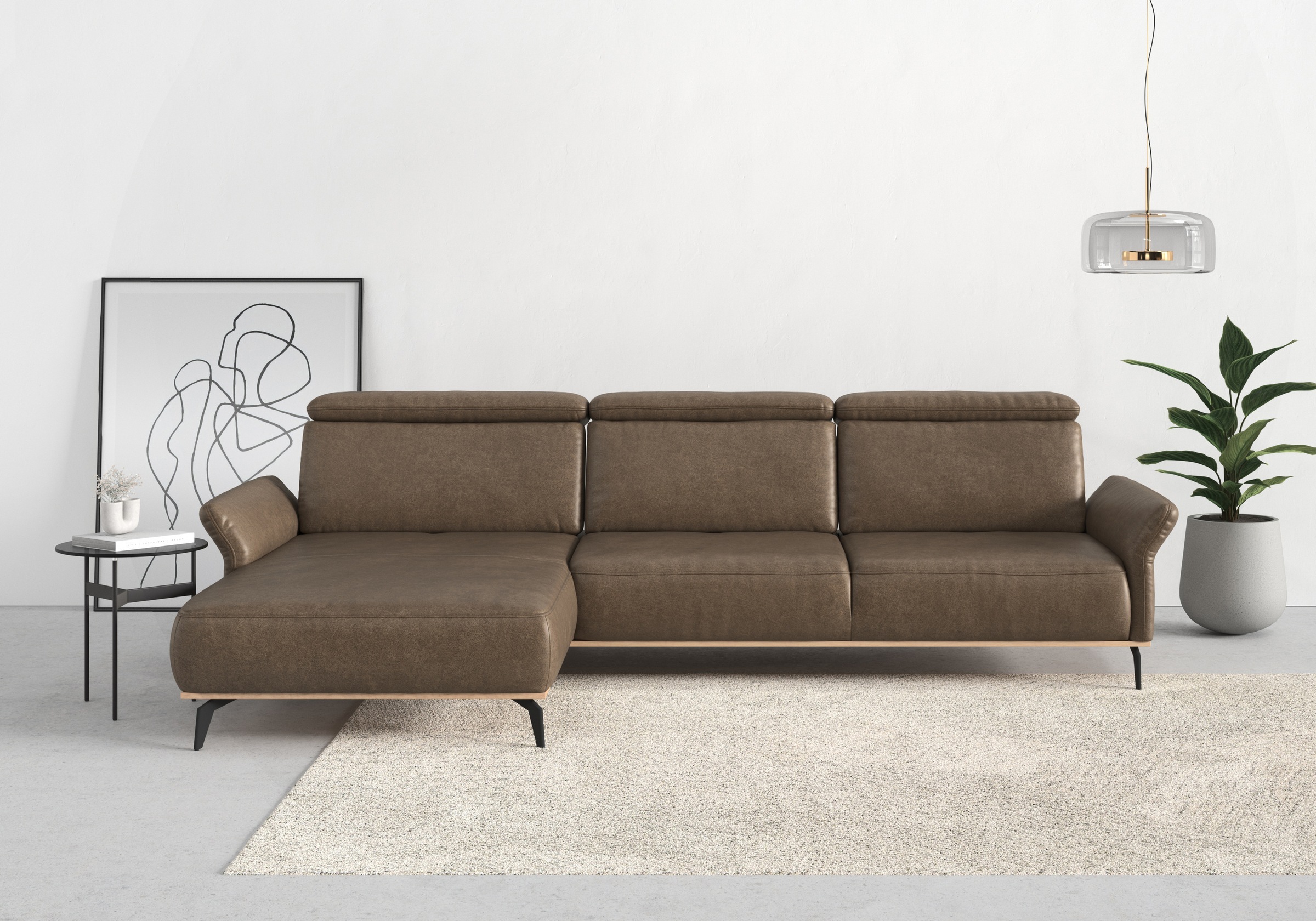 Ecksofa HOME AFFAIRE "Fjord L-Form", braun (coffee), B:324cm H:93cm T:184cm, 100% Polyester, Sofas, Ecksofa, massiv, wahlweise mit Armlehnfunktion, Kopf- Sitztiefenverstellung 7