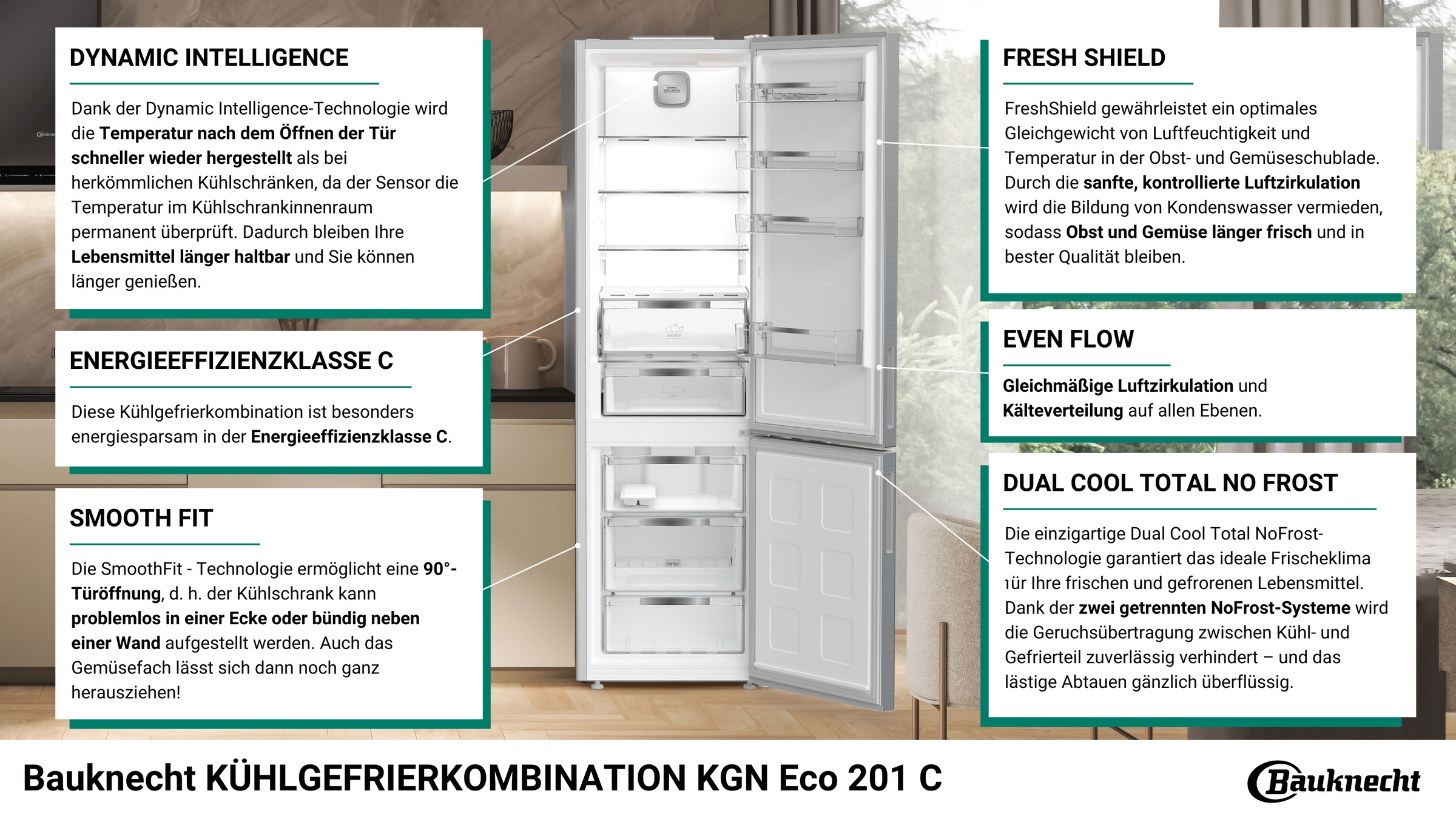 BAUKNECHT Kühl-/Gefrierkombination "KGN Eco 201 C" 203,5 cm hoch 59,5 cm br günstig online kaufen